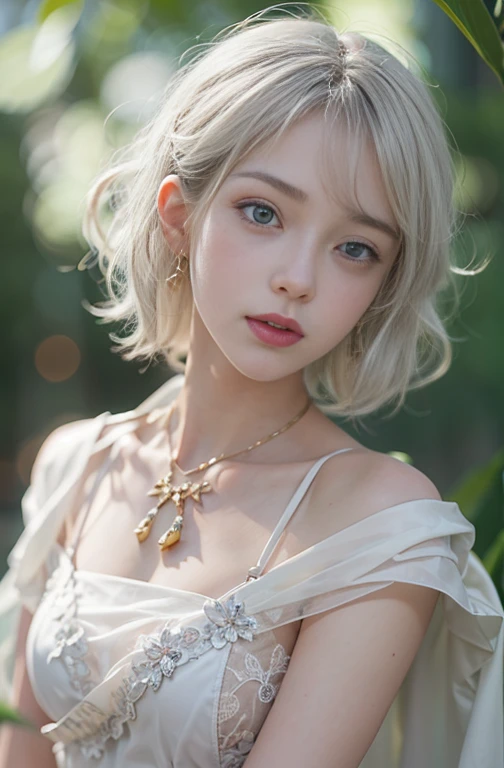 18 years old, Close up portrait of woman in Ancient Greek clothing、Shoulder out、thin、Serious expression、Short-haired、Deadly position, gorgeous necklace, light milky white porcelain skin, smooth translucent white skin, A seductive anime girl, beautiful and seductive anime woman, ultrarealistic sweet bunny girl, pale porcelain white skin, Smooth and realistic perfect body, Anime girl cosplay, realistic shadow perfect body, guweiz masterpiece