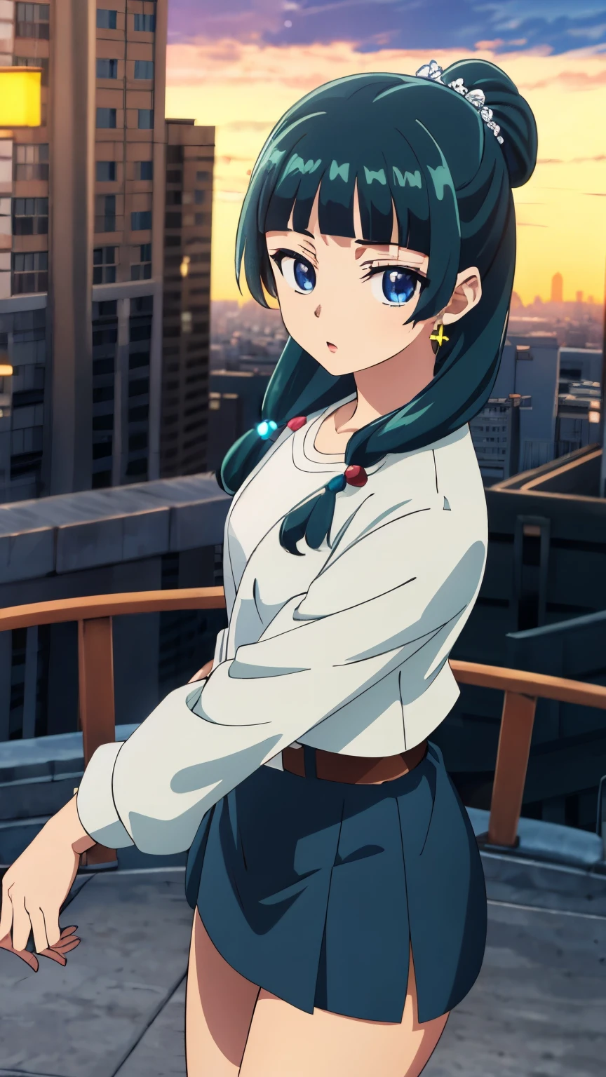 Top quality (8k, high resolution, masterpiece: 1.2), super detailed, anime art style, dynamic angle, teen style, (white jacket, belt, black miniskirt, city), detailed green hair, detailed blue eyes, intricate hairstyle, long hair , slim body, sparkling eyes, youthful, hair accessories, earrings, half-updo, slightly dull bangs, detailed lighting, bright colors, looking at the viewer, in the center of the image, cowboy shot,