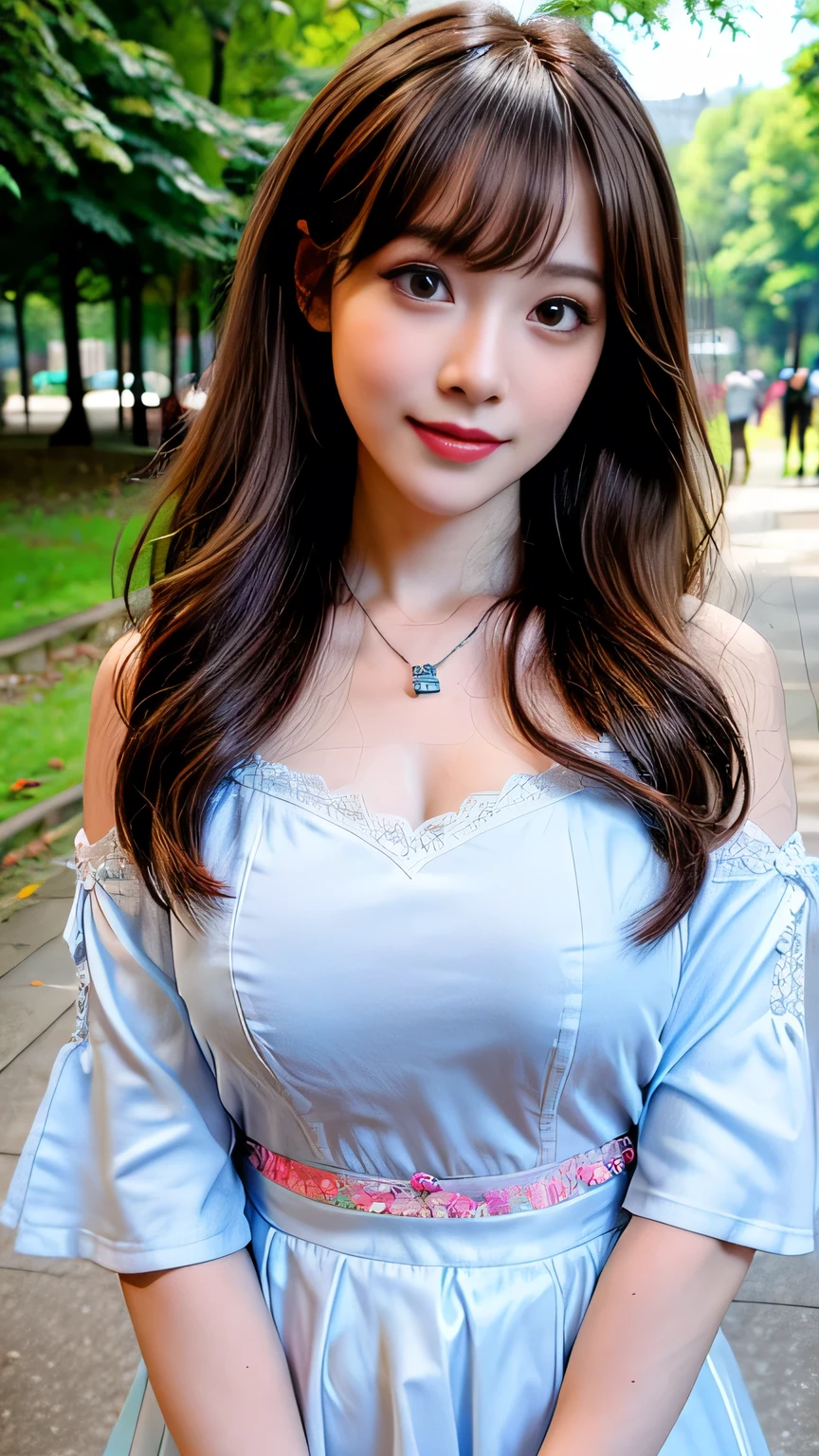 ((highest quality、8K、Masterpiece: 1.3))、concentrate: 1.2、Cute Girl 1、Nipple erection、Perfect beauty: 1.4、Colorful off-the-shoulder T-shirtini skirt: 1.2、Long sleeve、Randall Color、Comics&Text Graphics、Black ruffle trim drawstring zip blouse、1.1、Highly detailed face and skin textures、fine grain、double eyelid、Whitening skin、highest quality、Ultra-high resolution、you、One girl、one person、_Shiny skin、Iris、necklace、Full body angle、walk in the park、 ((Brown_length_Wavy_hair)),(lips))、eyelash、bangs、process、Correction、Shine、pores、Skin type、Big Breasts、smile、lively、Selfie