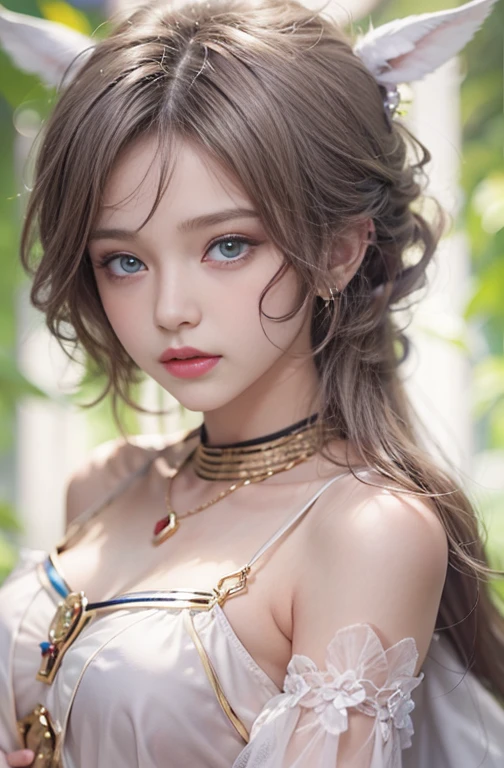 18 years old, Close up portrait of woman in Ancient Greek clothing、Shoulder out、thin、Serious expression、Short-haired、Deadly position, gorgeous necklace, light milky white porcelain skin, smooth translucent white skin, A seductive anime girl, beautiful and seductive anime woman, ultrarealistic sweet bunny girl, pale porcelain white skin, Smooth and realistic perfect body, Anime girl cosplay, realistic shadow perfect body, guweiz masterpiece