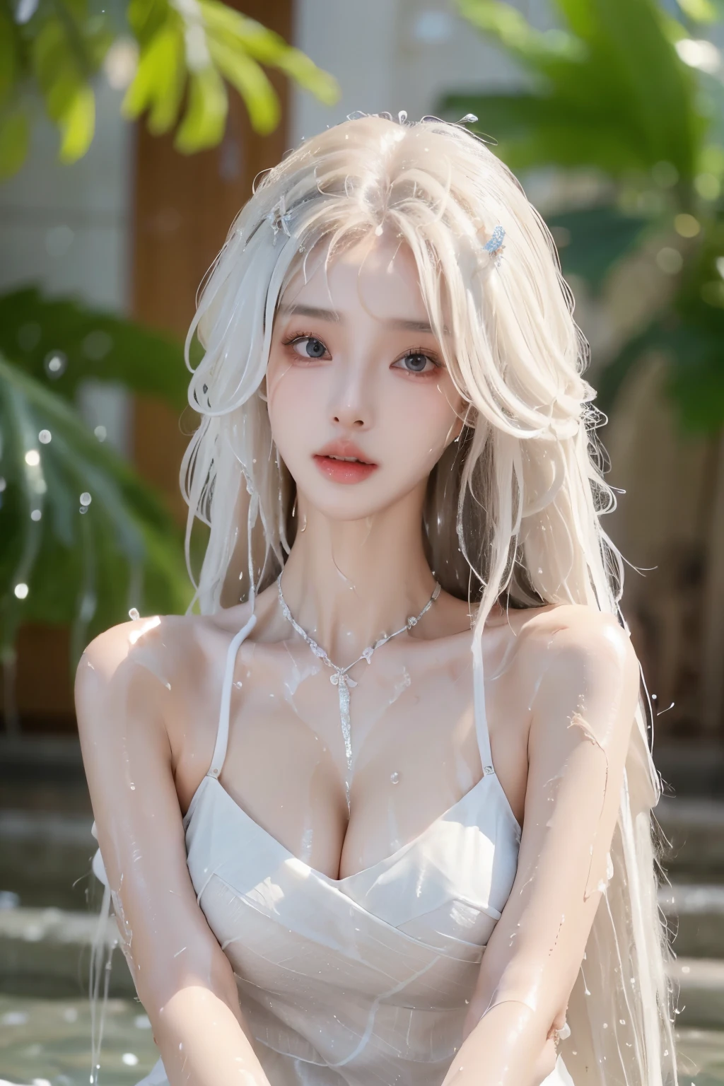 Beautiful woman with perfect body:1.4,Layered Hairstyle,Prominent cleavage:1.5,Highly detailed face and skin textures,Double eyelids,Skin Whitening,Long hair,Whitened long legs,Sexy goddess,( wet hair:1.5)