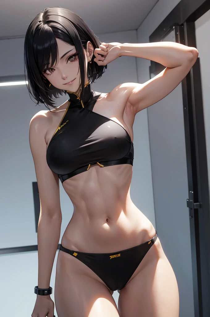 cidade chuvosa,belo corpo,mulher jovem,short black hair , badass , colan,May,coxas torneadas,Evil Smile,juri han,chifres de cabelo,detalhes do corpo,low yellow lighting,raios de luz belo corpo detalhado