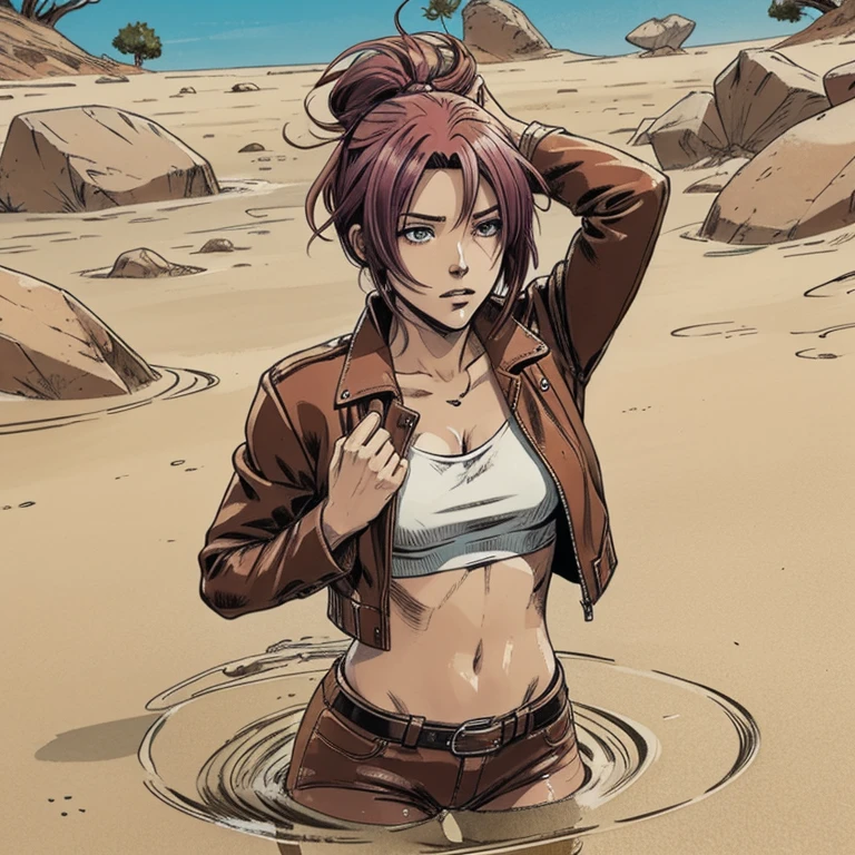 An anime woman with colored hair, leather jacket, crop-top, in quicksand, drowns up to head,