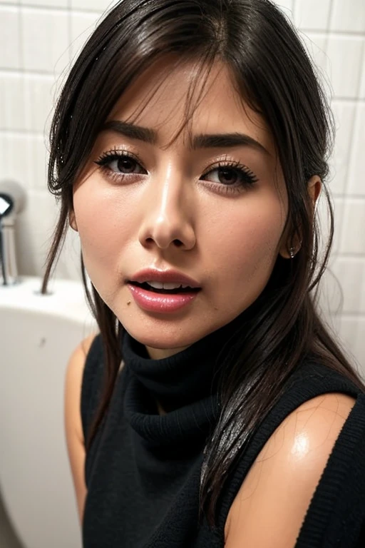 Beautiful Japanese actresses、1 girl,Flying debris,,Award-winning photo, Very detailed,Face Focus, Big double eyes(Woman with open mouth and closed eyes ), 30 years old、Black Hair、Shiny skin、(((Face close-up)))、Realistic nostrils、Long and narrow nasal cavity,、In the toilet、(On the floor of a public toilet)、Squat、((White turtleneck sleeveless dress))、Big Breasts、(Sharp Nose)Frowning 表現:1.4,,expression,Frowning,please raise your head、Skin shiny with sweat,Oily facial skin,Biting your lip,Tied Hair,Wearing a tank top,Please put your nose closer to the camera,((Open your mouth wide to receive something))Looking at the audience, (((Wet Filter))),((Close your face)),(((Close-up of the nose)))