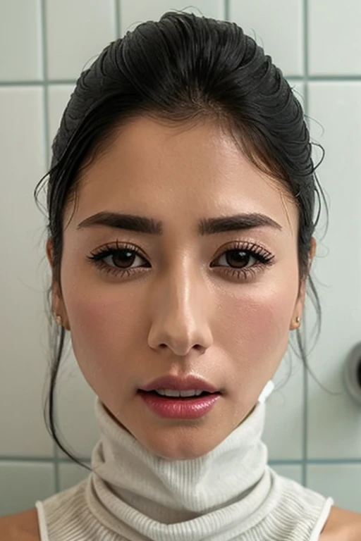 Beautiful Japanese actresses、1 girl,Flying debris,,Award-winning photo, Very detailed,Face Focus, Big double eyes(Woman with open mouth and closed eyes ), 30 years old、Black Hair、Shiny skin、(((Face close-up)))、Realistic nostrils、Long and narrow nasal cavity,、In the toilet、(On the floor of a public toilet)、Squat、((White turtleneck sleeveless dress))、Big Breasts、(Sharp Nose)Frowning 表現:1.4,,expression,Frowning,please raise your head、Skin shiny with sweat,Oily facial skin,Biting your lip,Tied Hair,Wearing a tank top,Please put your nose closer to the camera,((Open your mouth wide to receive something))Looking at the audience, (((Wet Filter))),((Close your face)),(((Close-up of the nose)))