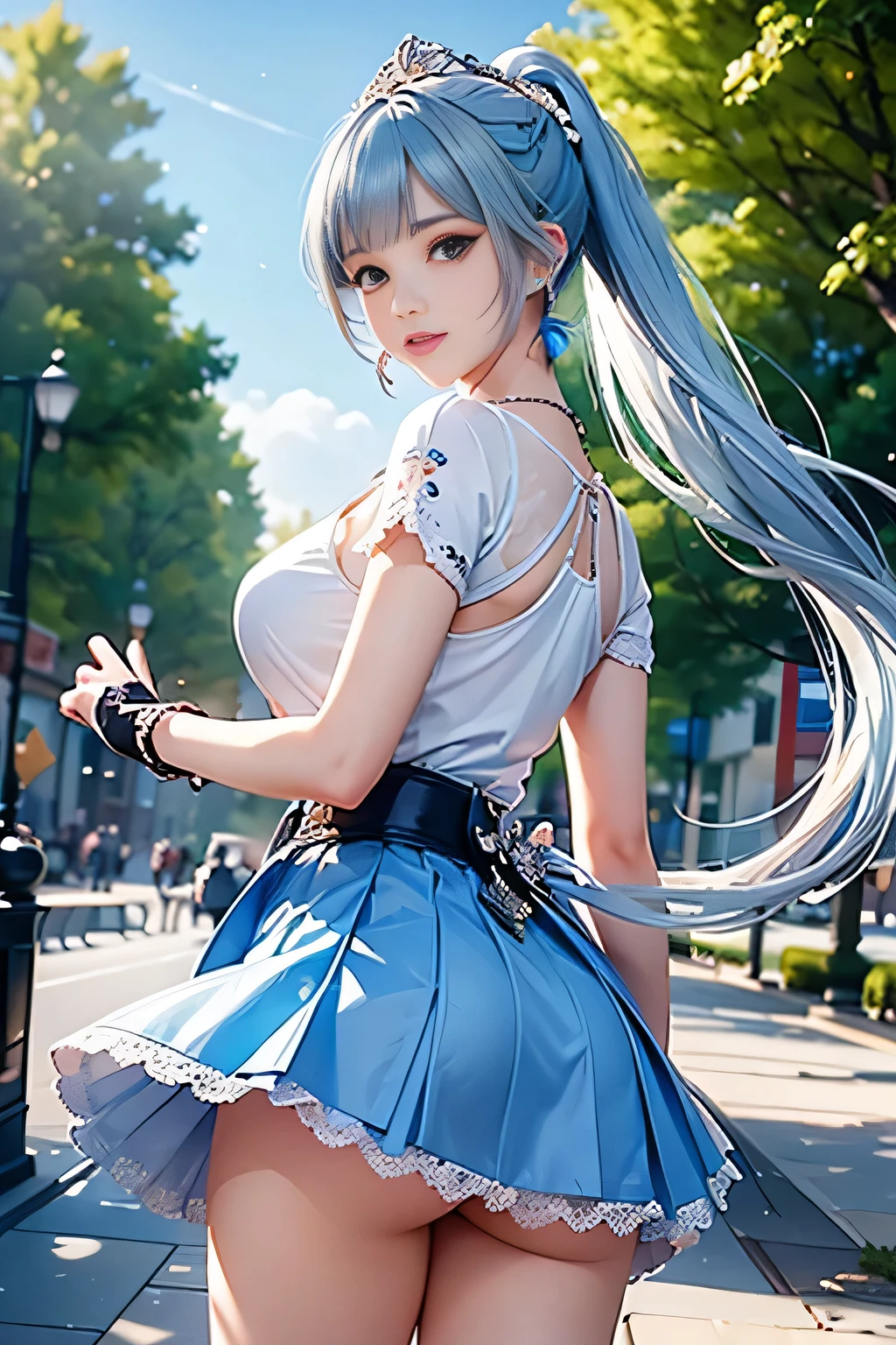 (Vulgar,nsfw),(skirt lift,very windy),(beautiful elegant white panties),very low angle,from below),((masterpiece, highest resolution,best quality)), (beautiful illustration), ((Kamisato Ayaka in Genshin Impact)), ((semi long beautiful silver blue hair,blunt bangs,pony tail,beautiful blue eyes)),(solo),(beautiful elegant office blouse and black skirt,skirt lifted by herself,own hands),(looking at the viewer), (walking around the shopping mall),
(innocent smile, Embarrassed),(white over-kneehighs,Lace chalker, wristband, fingerless gloves, over-kneehighs,
Lace chalker, diamond necklace,wristband, fingerless gloves, earrings), (cinematic lighting, very windy),shopping mall,big city,busy street,day,blue sky,flowers and trees,crowded,(from the ground),(beautiful elegant Underwear patterns),