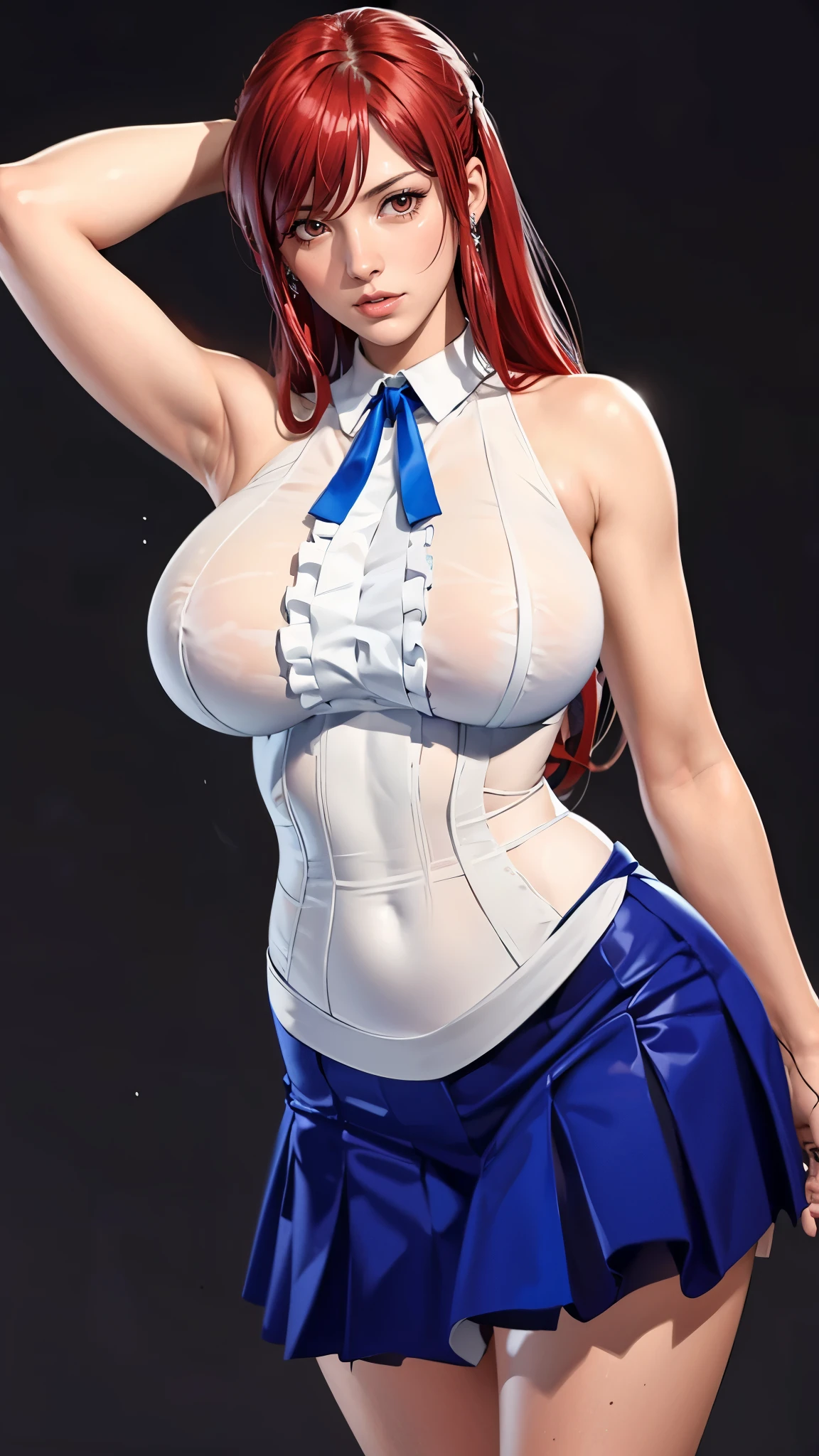 (((完美figure,figure,solo, (((neck ribbon, bare shoulders, white shirt, sleeveless, center frills, blue skirt, ))),(((fairy tail, long hair, red hair, brown eyes, hair over one eye))),((masterpiece)),high resolution, ((Best quality at best)),masterpiece,quality,Best quality,((( Exquisite facial features,Looking at the audience,There is light in the eyes,(((lol,confidence))),))),型figure:1.7))),(((Light and shadow,Huge breasts))),(((Looking at the camera,black background,)))