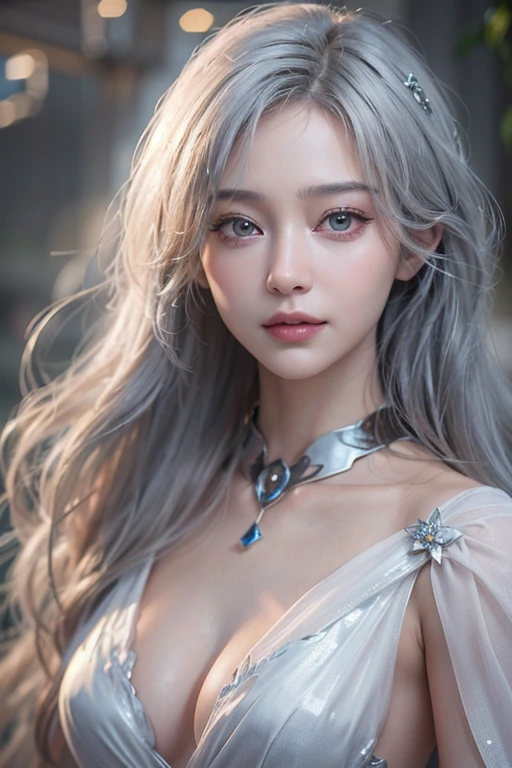 (masterpiece:1.3), (8k, Photorealistic, Raw photo, Best image quality: 1.4), Fair-skinned fairy woman、Long Haircut、Cleavage:2.0、Super detailed face、Attention to detail、double eyelid、Put your chest together、Sharp focus:1.2、Beautiful woman:1.4、Silvery white hair、highest quality、masterpiece、超A high resolution、(Photorealistic:1.4)、Highly detailed and professionally lit smile、Loose, light, futuristic clothing、Shoulder out、thin、Serious expression、Short-haired、Deadly position, gorgeous accessories, one person 