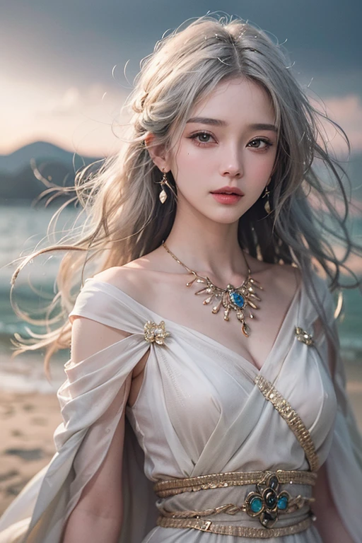 (masterpiece:1.3), (8k, Photorealistic, Raw photo, Best image quality: 1.4), Fair-skinned fairy woman、Long Haircut、Cleavage:2.0、Super detailed face、Attention to detail、double eyelid、Put your chest together、Sharp focus:1.2、Beautiful woman:1.4、Silvery white hair、highest quality、masterpiece、超A high resolution、(Photorealistic:1.4)、Highly detailed and professionally lit smile、Loose, light, Ancient Greek clothing、Shoulder out、thin、Serious expression、Short-haired、Deadly position, gorgeous accessories, one person、whole body,walking the beach