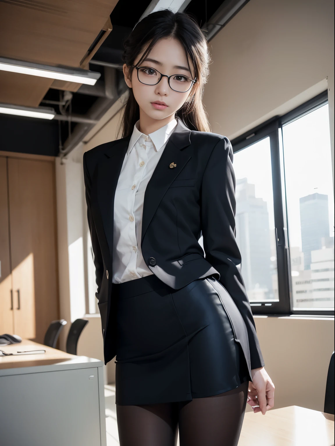 one person、solo、Flat Eyes、Confused eyes、20-year-old office uniform OL poses for photo shoot、body、whole body、front<Watching the audience,frontを見て,Glare、sexy、victory、((Black Pantyhose))、Tsundere、Saucy、Single knot、OL、suit、Blue mini skirt、anger、Small、Glasses、Slim girl model photo、body型:史上最Smallの美少女、Female Model、Japanese female fashion model、(8K、RAW Photos、Highest quality、masterpiece:1.2)、(Real、Photorealistic:1.37)、Ultra high definition、Ultra high definition、office Street、Standing position、whole body、((((sexy)))