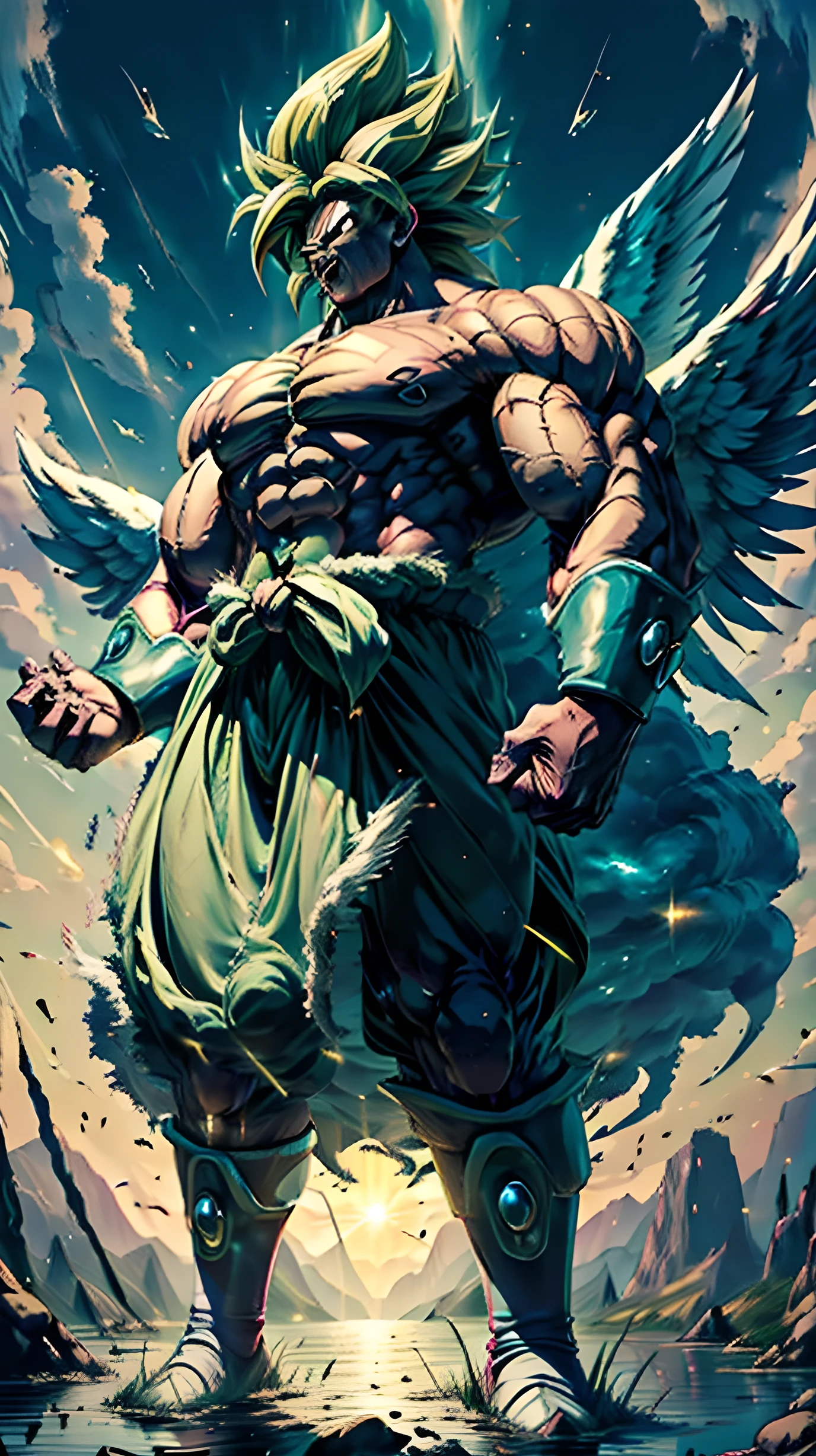 Broly transformed into legendary super Saiyan with angel wings flying over a lake at night, Broly, dbz, muscular, legendary super Saiyan, wings, perfect hands, detailed face, full body, image clarity, light and shadow correction, sharp, hd, masterpiece, high resolution,