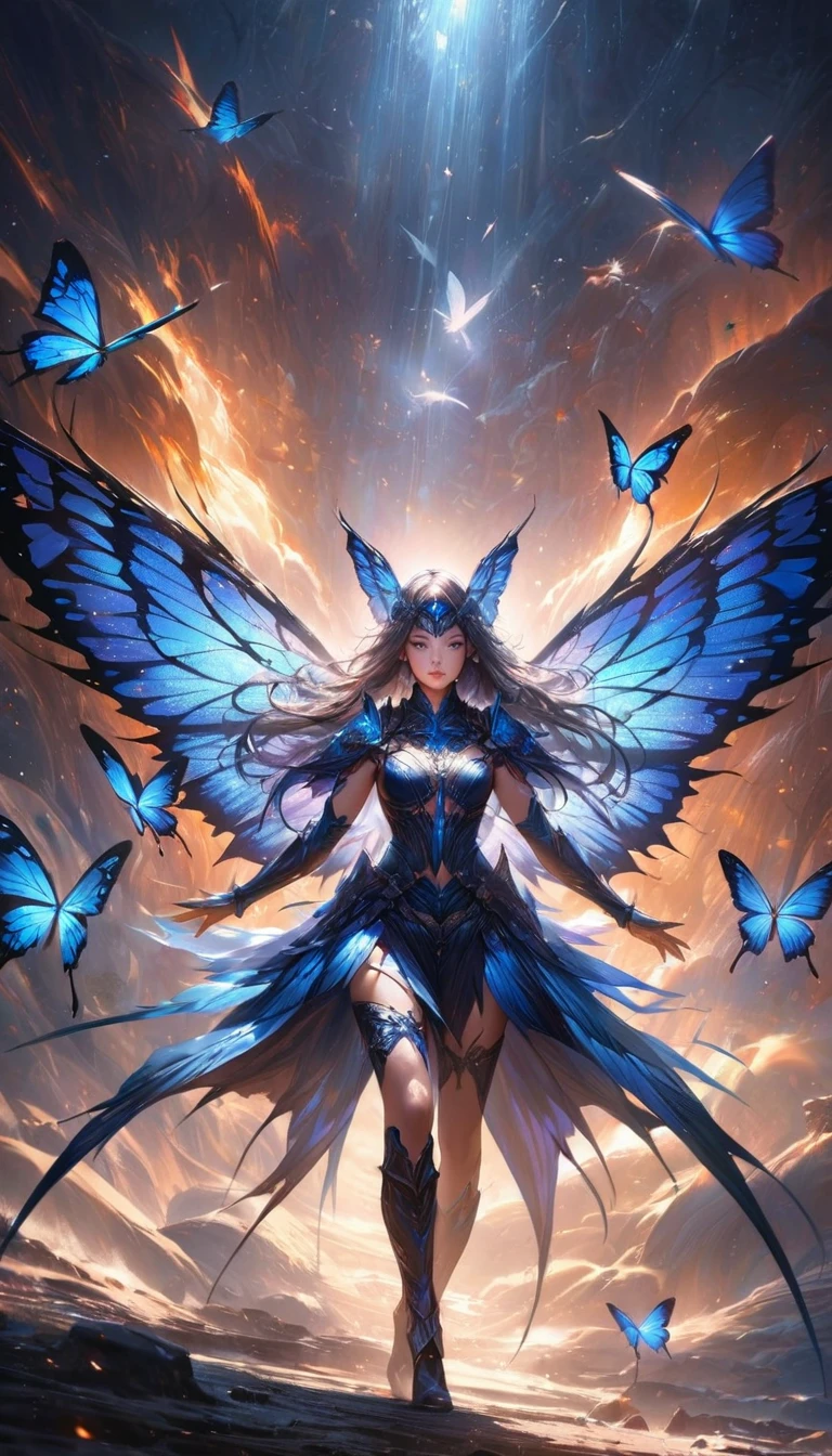 (best quality,ultra-detailed,realistic:1.37), anthropomorphic blue butterfly, fierce warrior, soaring through the sky, engaged in an epic air battle. beautiful blue butterfly wings. The scene is set amidst a mesmerizing lighting in the air, creating a dark fantasy ambiance. The artwork is depicted with sharp focus, allowing for intricate details to be highlighted, with vibrant colors that enhance the ethereal lighting.