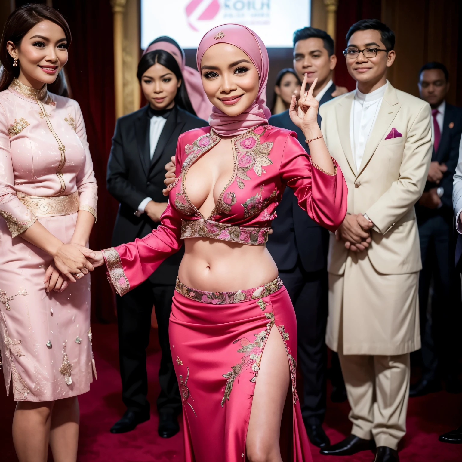 1 malay lady, wearing sexy kebaya, pink hijab, smiling, standing at ceremony, clapping hands, big breast, high slit skirt