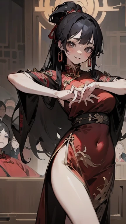 ((masterpiece、highest quality))、shape、Very detailed、8k、Realistic、Sharp focus、Very detailed、Professional Lighting、Colorful details、((Unparalleled beauty))、Detailed Texture、Moisturizing the skin、Shiny skin、Perfect Style、Sexy body、Esbian、bow、((Accurate Fingers:1.55))、(Beautifully embroidered red Chinese dress:1.5)、(Set on a huge, luxurious set)、(On the concert stage)、(Dance vigorously:1.2)、Spread your legs and show me your panties、in front of a packed audience、Looking at the audience、18-year-old、Shine、Intricate details、Shitsumeka、A woman is in front of the camera、belly button、smile、 information