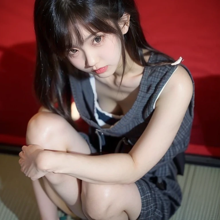 highest quality, Ultra-high resolution, Highly detailed skin, Physically Based Rendering,(shirt with wide open chest、mini skirt),((from below))) ,(((Young face of 18 years old,Japan Schoolgirls、Place both hands on the ground、Topless leaning forward,No bra)))(((panty shot.showing panties,squatting,open legs wide)))(((Small breasts, Nipples are visible, from the front,))),(Japanese school girl uniform),(Blurred Background:1.2), (Cleavage), (Show me her white panties)Long black hair, open chest shirt