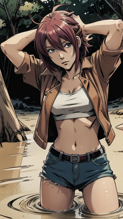 An anime woman with colored hair, leather jacket, crop-top, in quicksand, drowns up to head,