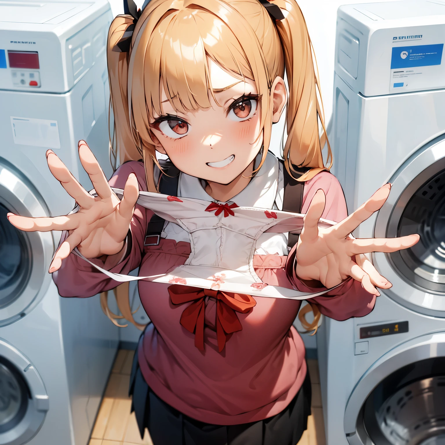 1girl,
Laundry room,laundry machine, laundry bascket, a few underwears are in a laundry bascket,
blonde hair, {{{half twin tail:1.3}}}、BREAK,red blush, Bow, Red bow, Long sleeves, Shirt, Collared shirt, Skirt, Pleated skirt, Black skirt, tiny chest,
{{{face Close up}}},Upper body,,Focus on panties,Fine underwear,
Looking down,Look at the viewer,
Presenting Panties,
masutepiece, Best Quality, , absurderes, Perfect Skin, Detailed skin texture, ultra-detailliert, 8K, Intricate details, beautifull detailed face,hight resolution,
 {{{shaded face}}}, mock, {{{clenched teeth:1.2}}}, grin, smile, looking down at viewer, masterpiece,absurderes, beautiful detailed face
From the front,