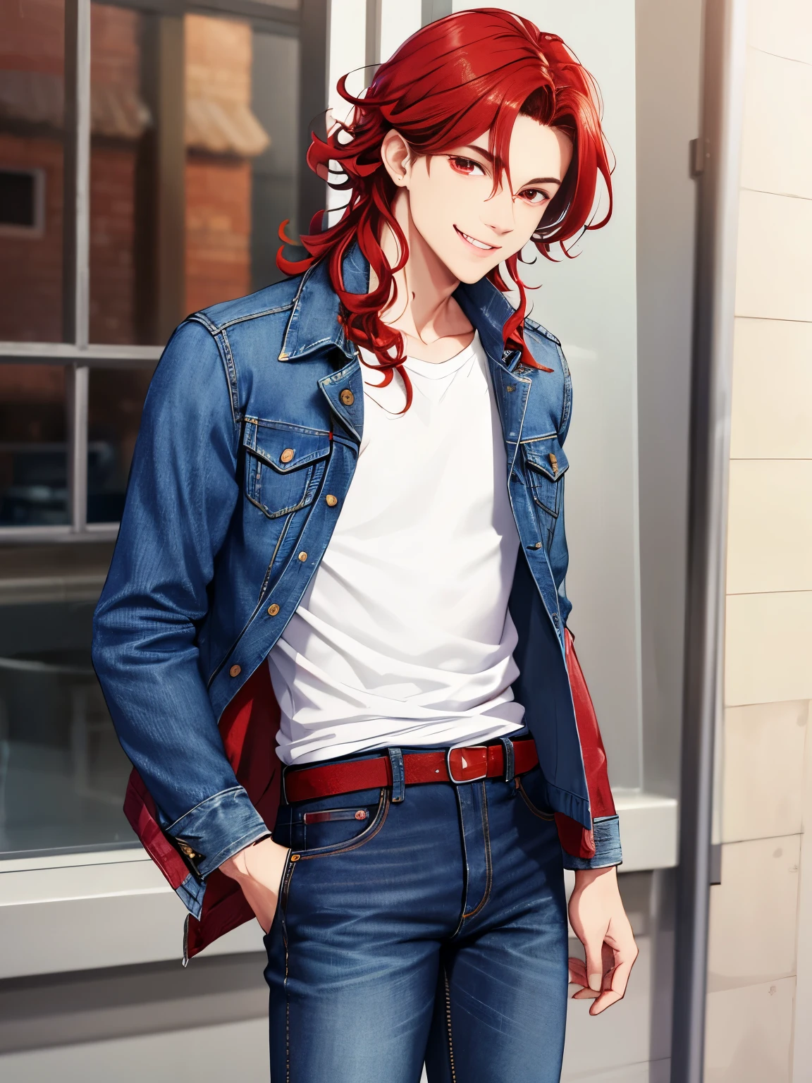 1boy, cool style, standing,close up photo, smile,handsome,Shoulder length hair,curly hair, red hair, denim jeans jacket, black levis trousers,White t-shirt,bright red eyes, vampire