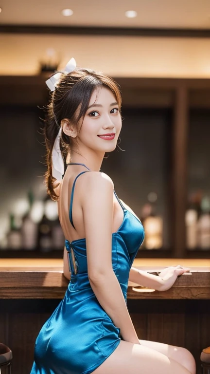 ((masterpiece)), (highest quality), 23 years old,Very detailed, finely, (High resolution), (8k), ((Perfect front viewcomposition)), (Natural color lip),(Side Ponytail:1.3),(((Sit facing forward at the bar))), Look at me and smile))),((Aqua blue silk short dress)),((From the whole body to the toes:1.3)),((Perfect front view)),((sitting on a bar stool)),((Model pose)),,((Big ribbon on thigh)),((Normal size buttocks)),,((Full and firm breasts)),(Look at me and smile),((Ample breasts))