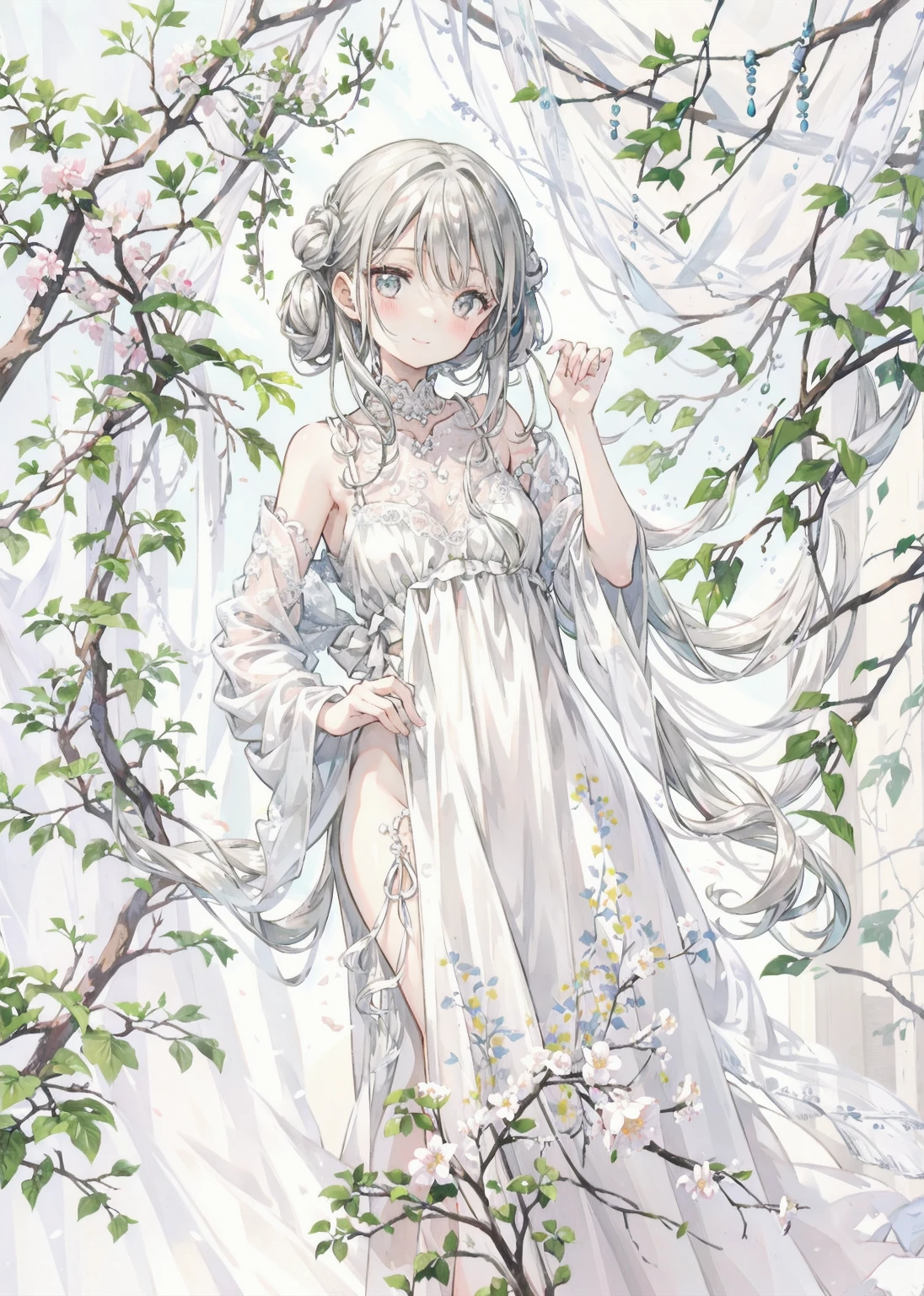 natural lighting, gentle smile, upturned cheeks, slightly shining silver gray hair, coquettish hair, half up do, silky luster, plants, flowers, spring ephemerals,