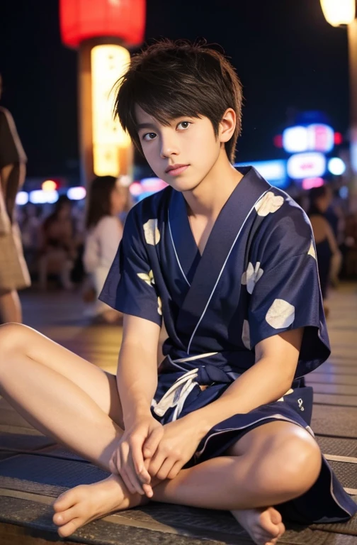 Beautiful boy、Cute Boys、20-year-old、japanese boy、Sitting with legs crossed、Spread your legs、Summer festival、yukata、night