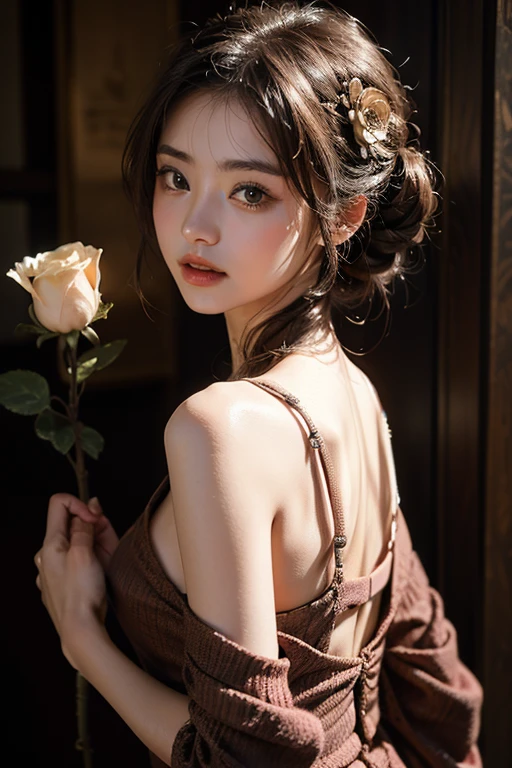 masterpiece、8k、32k、highest quality、(Detailed eyes)、(Cute Japanese Woman、Bans)、18-year-old、One Girl、elegant、(Detailed background depiction)、look back、Hilarious, steampunk、clear、Holding a blue rose