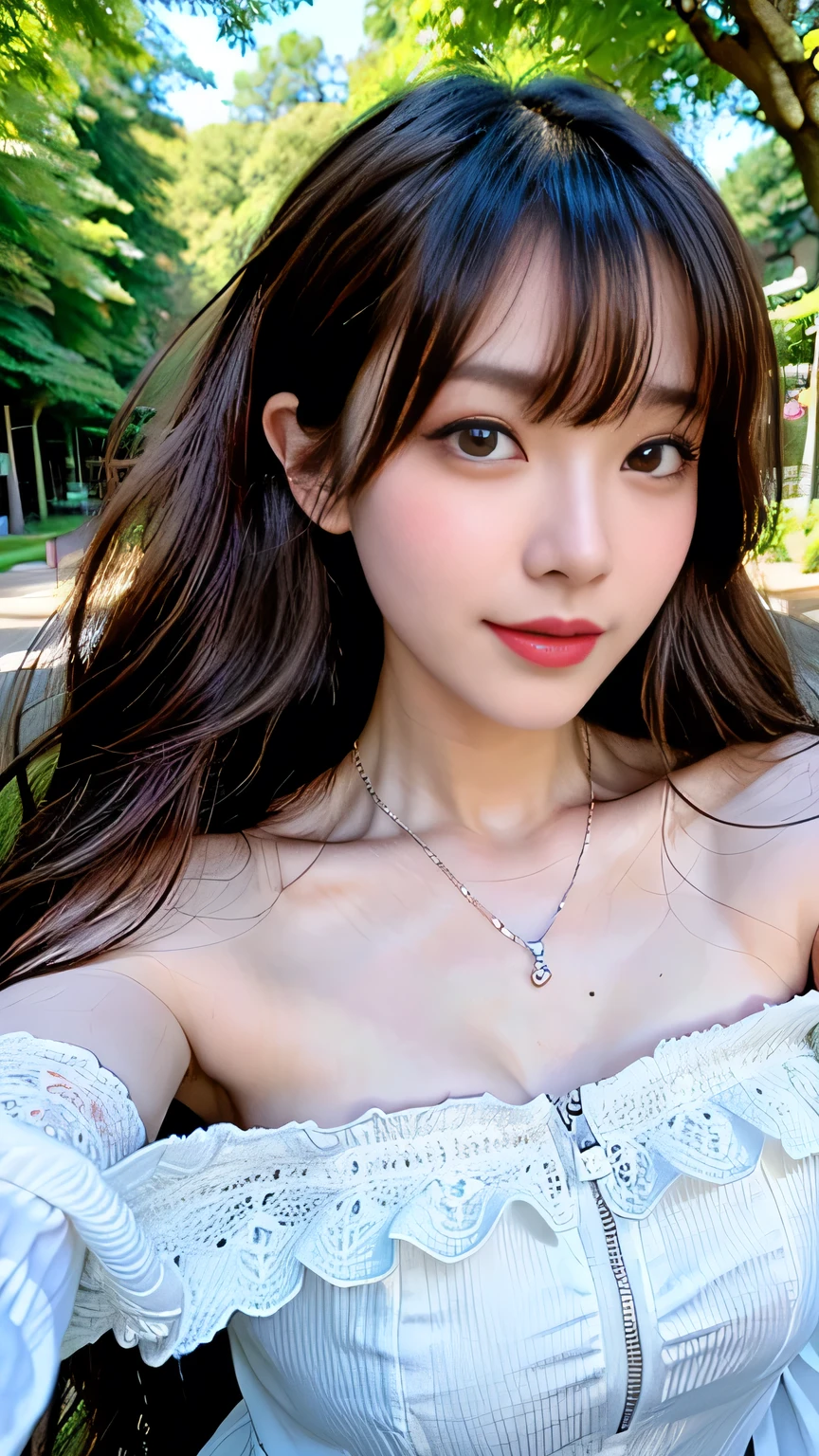 ((highest quality、8K、Masterpiece: 1.3))、concentrate: 1.2、Cute Girl 1、Nipple erection、Perfect beauty: 1.4、Colorful off-the-shoulder T-shirtini skirt: 1.2、Long sleeve、Randall Color、Comics&Text Graphics、Black ruffle trim drawstring zip blouse、1.1、Highly detailed face and skin textures、fine grain、double eyelid、Whitening skin、highest quality、Ultra-high resolution、you、One girl、one person、_Shiny skin、Iris、necklace、Full body angle、walk in the park、 ((Brown_length_Wavy_hair)),(lips))、eyelash、bangs、process、Correction、Shine、pores、Skin type、Big Breasts、smile、lively、Selfie