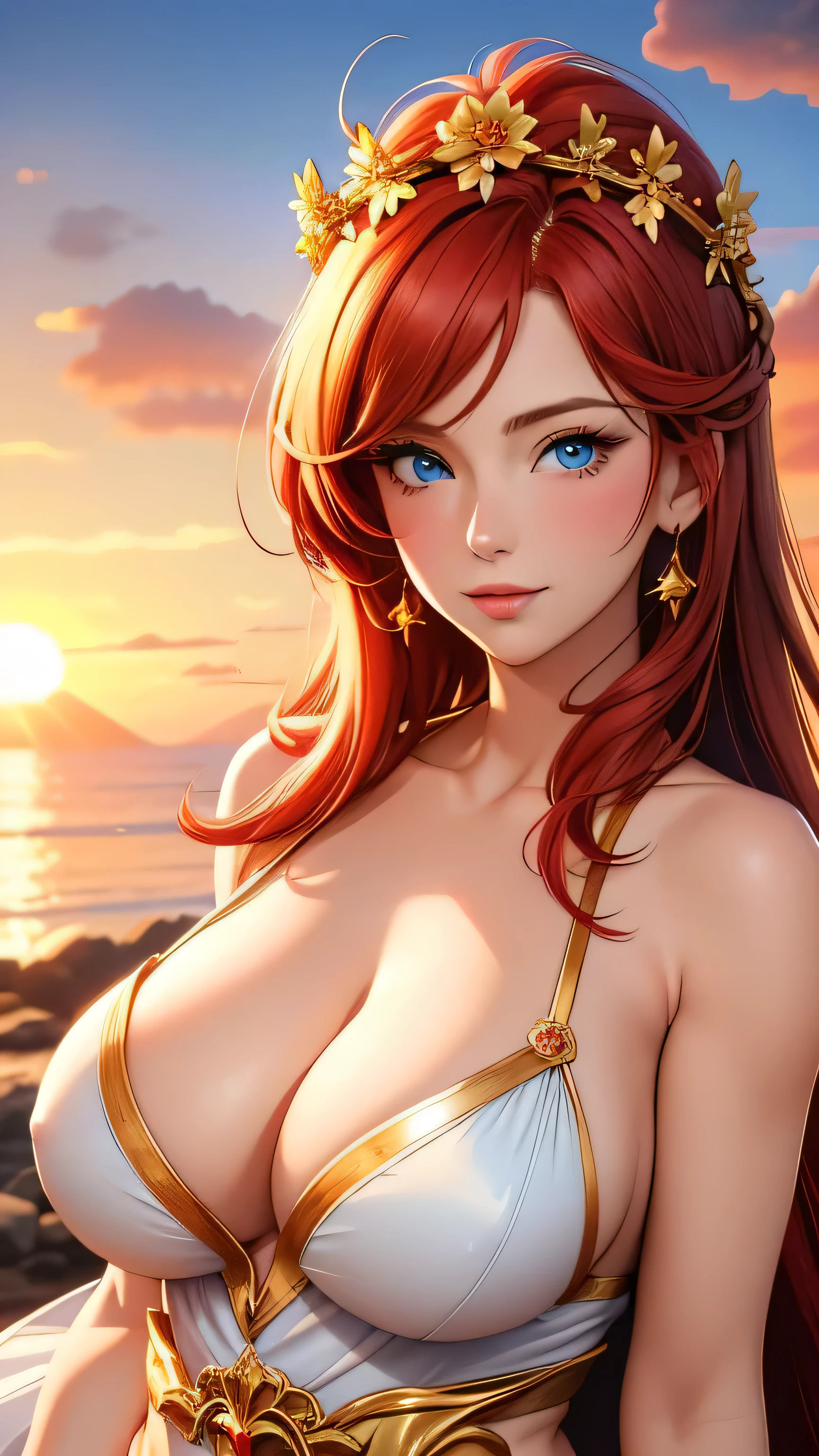 Best quality, 30 year old woman, massive breasts, red hair, blue eyes, skimpy, sunset, upper body, sexy, angelic, flower crown, golden glow, skimpy robes, opulent, luxurious,