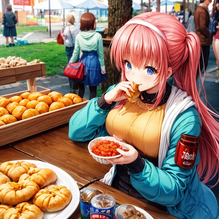 Woman eating piroshki and borsch at a Russian street food stall　highest quality　Tight clothing　There is a bottle of vodka on the table