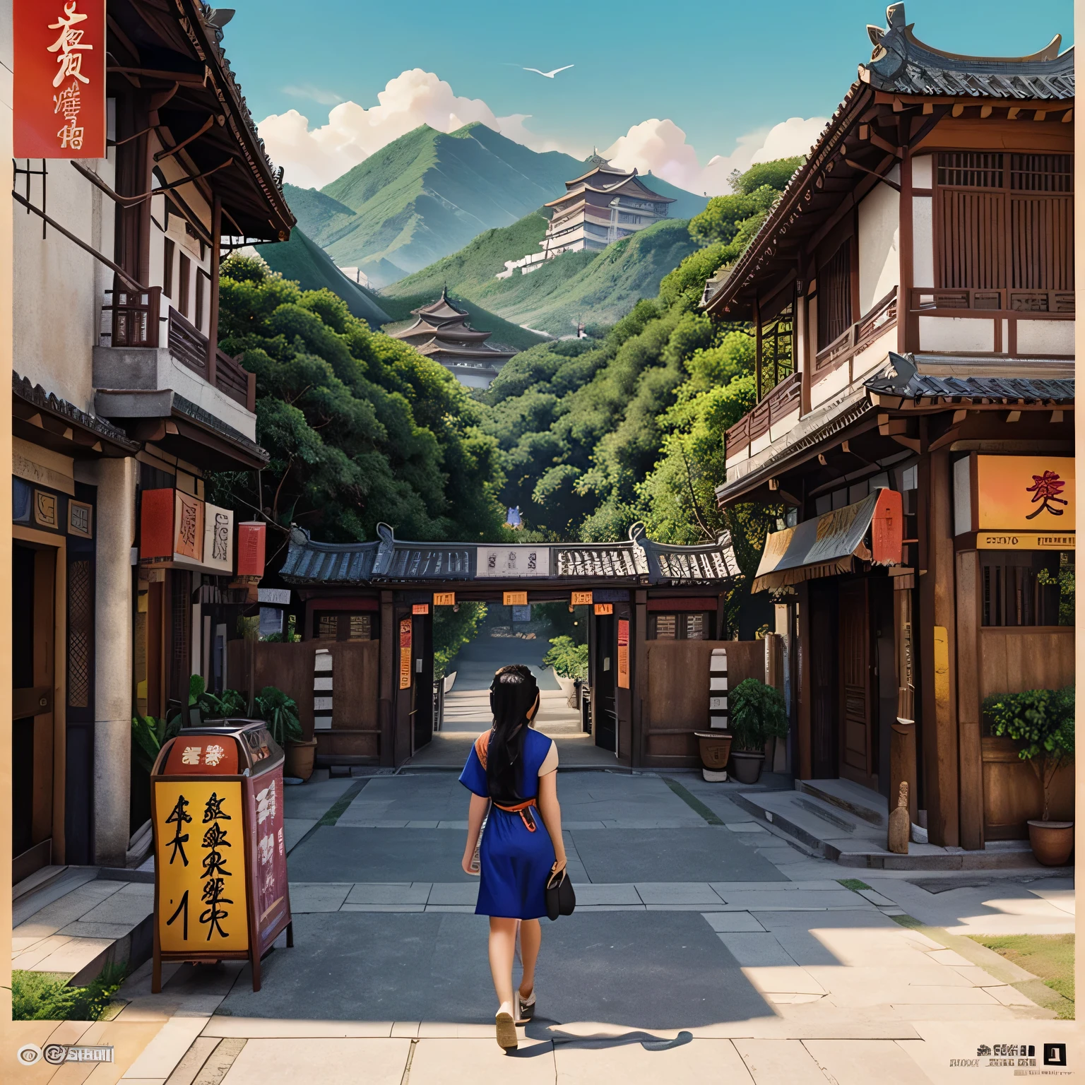 Oriental inspired poster., detailed 2D illustration, Poster design, dreamy Chinese towns, digital illustration poster, cartel de turismo vibrante, cartel para ; verano, colorful illustration, obra de arte del paisaje, 2d matte illustration, lo-fi illustration style