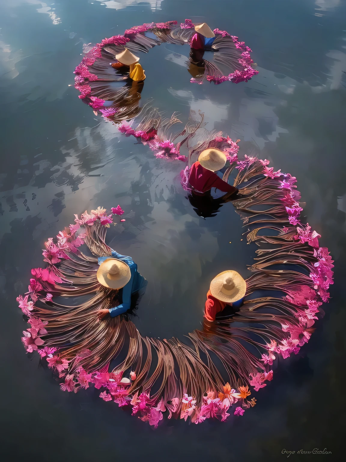 people in a circle of flowers floating in a body of water, beautiful image already created, foto muito bonita, amazing composition, beautiful composition, amazing composition, great composition, stunning composition, foto impressionante, bela obra de arte, fotografia deslumbrante, arte muito linda, flores surreais waiizi, Incredible photography, incrivelmente bonito, breathtaking composition, great composition incredible