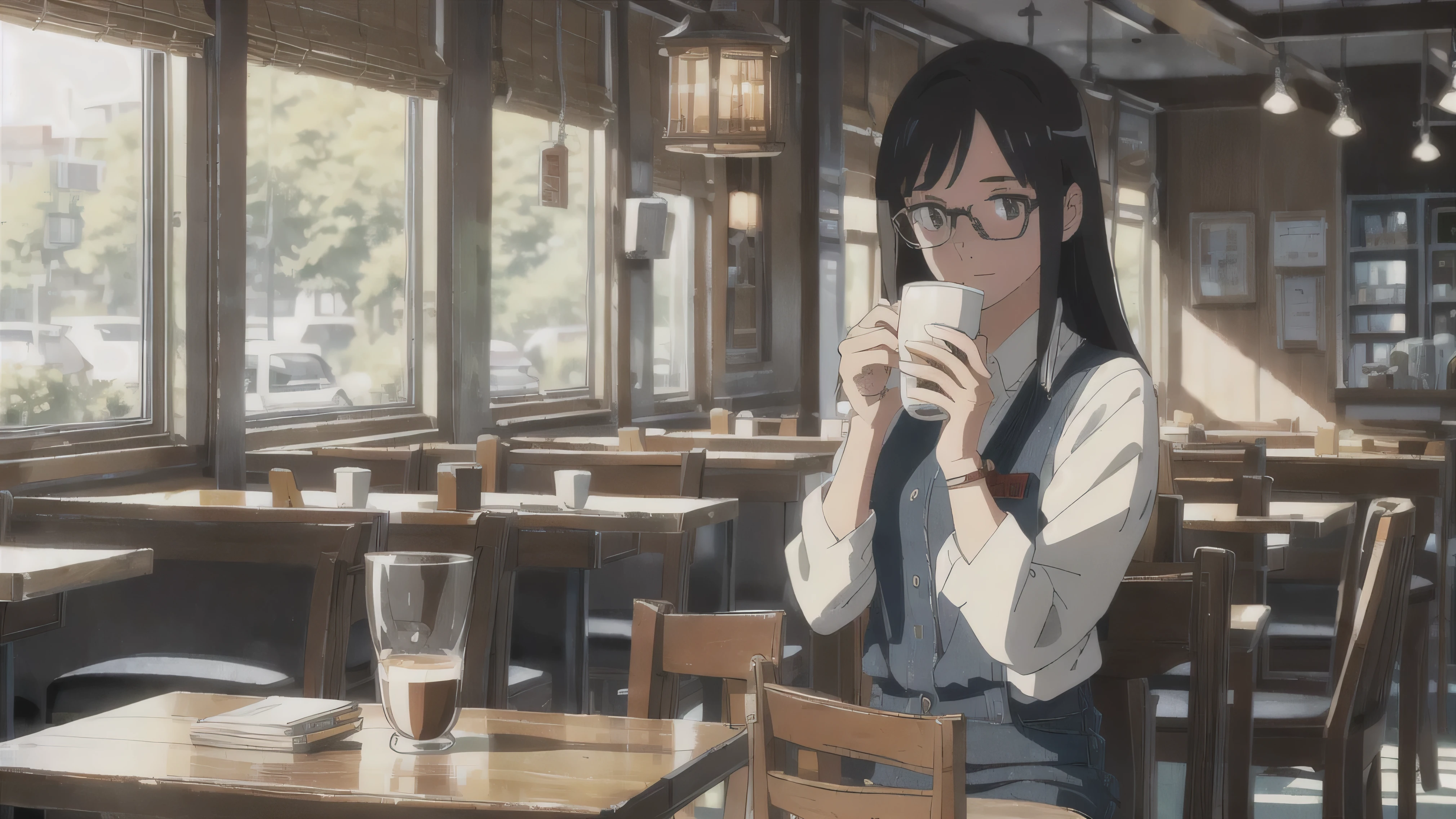 Ghibli, anime,Cafe, Denim with a dress shirt and tie, Sitting on a chair drinking coffee alone,,A 20-year-old girl with a kind face wearing glasses happily listening to music while drinking coffee,Long Hair,high resolution,,