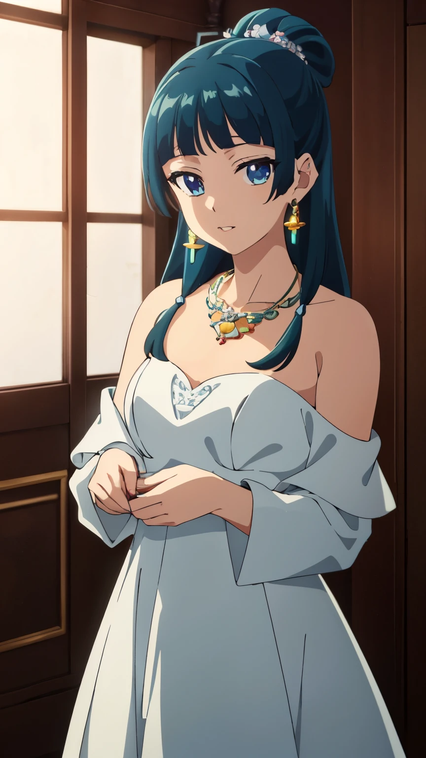 Top quality (8k, high resolution, masterpiece: 1.2), super detailed, anime art style, dynamic angle,  style, (white dress, white dress, exposed shoulders, necklace, earrings, indoor), detailed green hair, detailed blue eyes, intricate hairstyle, long hair , slim body, sparkling eyes, youthful, hair accessories, earrings, half-updo, slightly dull bangs, detailed lighting, bright colors, looking at the viewer, in the center of the image, cowboy shot,