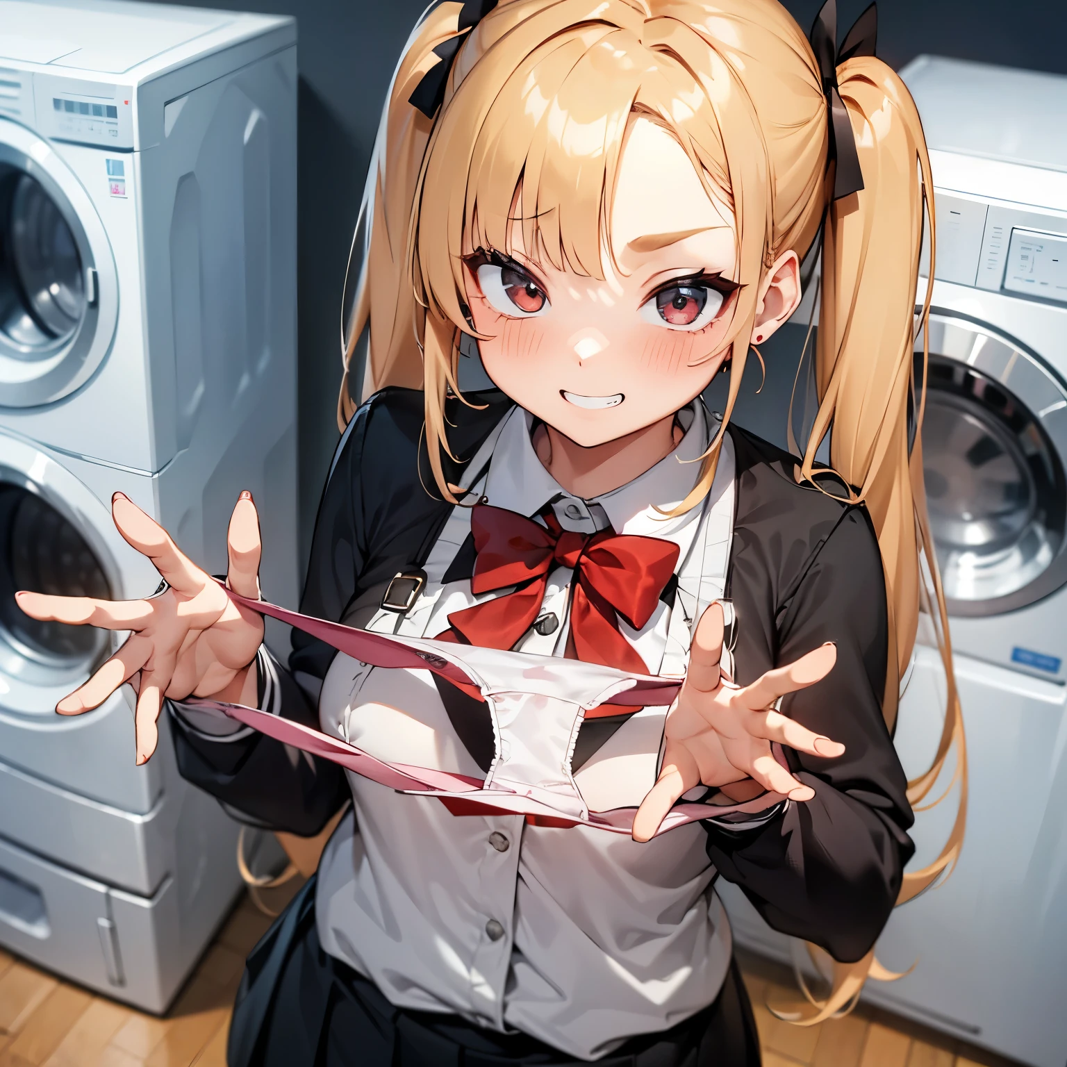 1girl,
Laundry room,laundry machine, laundry bascket, a few underwears are in a laundry bascket,
blonde hair, {{{half twin tail:1.3}}}、BREAK,red blush, Bow, Red bow, Long sleeves, Shirt, Collared shirt, Skirt, Pleated skirt, Black skirt, tiny chest,
{{{face Close up}}},Upper body,,Focus on panties,Fine underwear,
Looking down,Look at the viewer,
Presenting Panties,
masutepiece, Best Quality, , absurderes, Perfect Skin, Detailed skin texture, ultra-detailliert, 8K, Intricate details, beautifull detailed face,hight resolution,
{{{shaded face}}}, mock, {{{clenched teeth:1.2}}}, grin, smile, looking down at viewer, masterpiece,absurderes, beautiful detailed face
From the front,