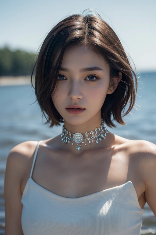 masterpiece, best quality, ultra detailed, masterpiece、Browsing Caution, super high quality、Crystal Clear、RAW UHD Format、Droopy eyes、High resolutionの光る目、highest quality, close, Realistic skin texture, photograph shoot, Detailed facial features, Film grain and high contrast, Extremely high resolution detail, photograph, Realistic, Surreal, High resolution, masterpiece、17Year-old Ukrainian beautiful girl photograph、Boyish and healthy girl、choker、short hair、Cowboy Shot