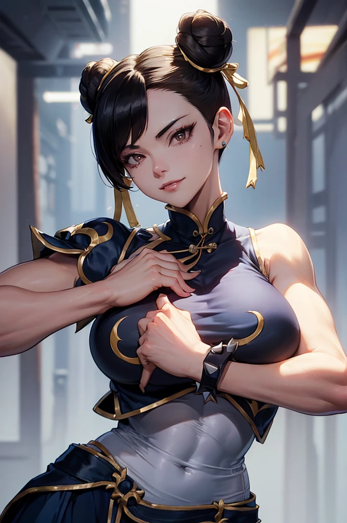 chun li belo corpo,mulher jovem,short black hair , badass , colan,May,coxas torneadas,Evil Smile,juri han,chifres de cabelo,detalhes do corpo,low yellow lighting,raios de luz belo corpo detalhado