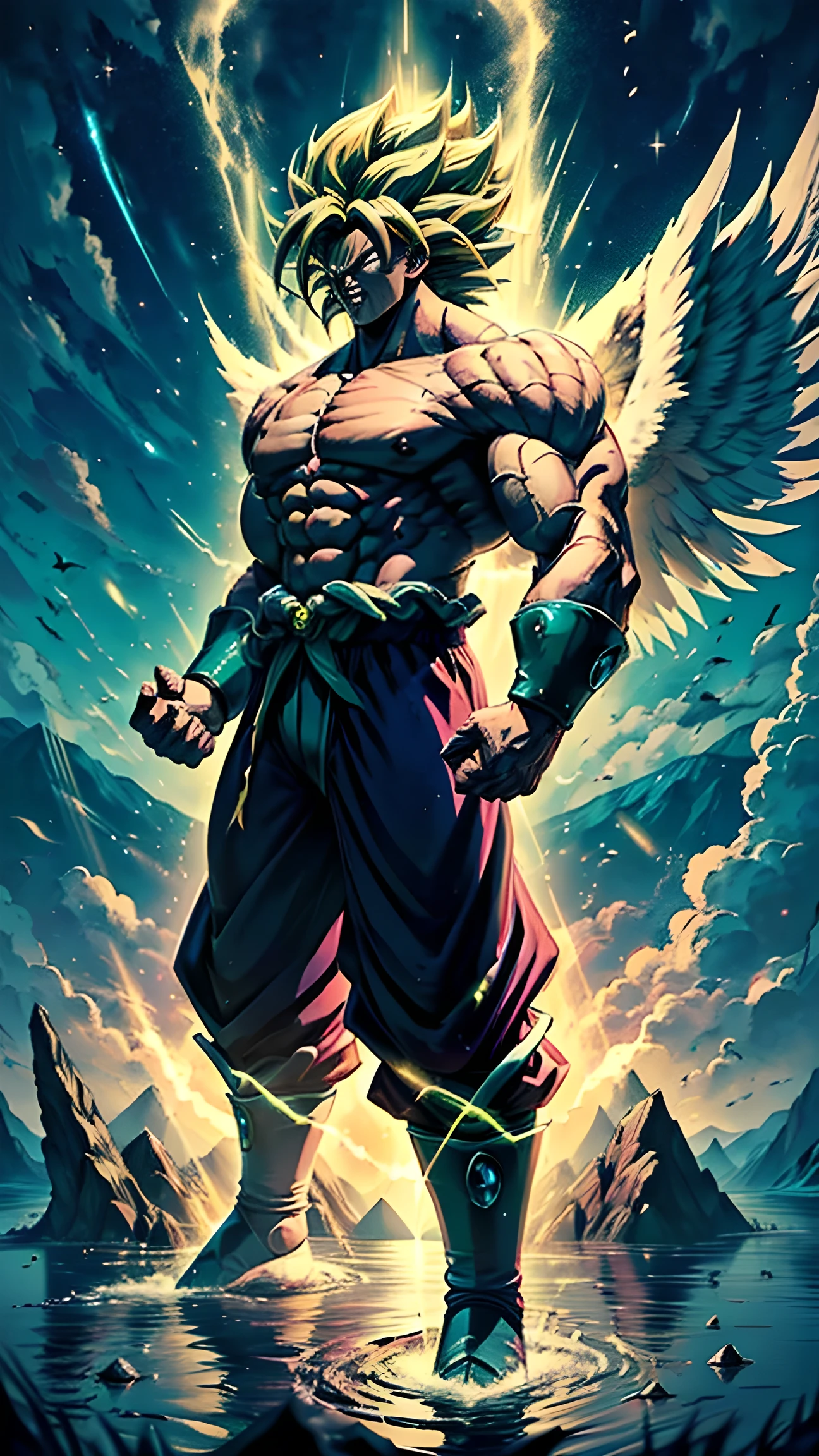 Broly transformed into legendary super Saiyan with angel wings flying over a lake at night, Broly, dbz, muscular, legendary super Saiyan, wings, perfect hands, detailed face, full body, image clarity, light and shadow correction, sharp, hd, masterpiece, high resolution,