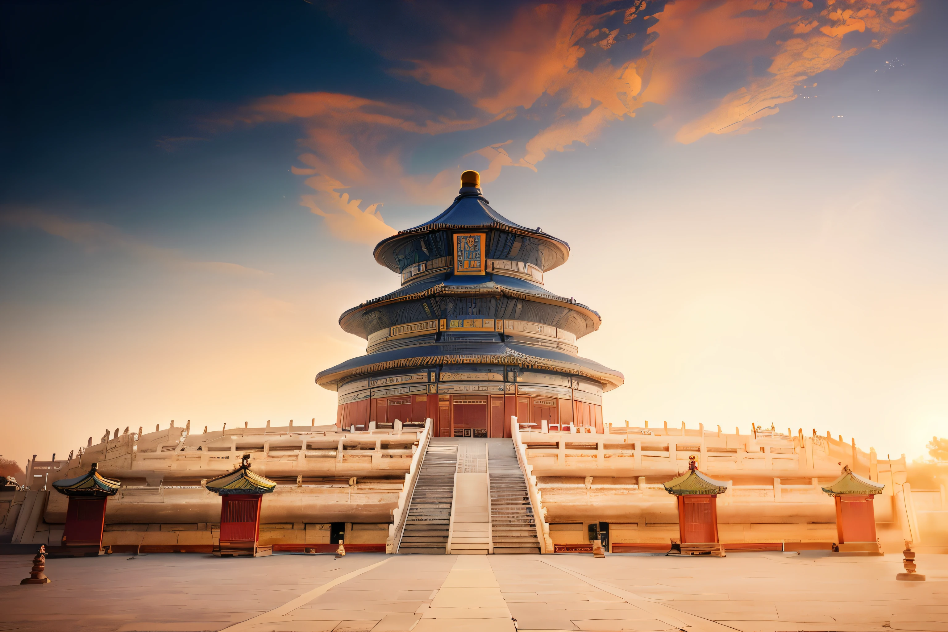 There is a building,There is a tower on it, Temple of Heaven, Beijing, golden hour in Beijing, ancient Chinese architecture, Chinese building, Chinese architecture, Chinese palace, the Forbidden City, Chinese temple, Hot ,, Forbidden City, Chinese, dreamland of Chinese, Chinese heritage, with ancient Chinese aesthetic, Taoist temples and monks, traditional Chinese, Hou China
