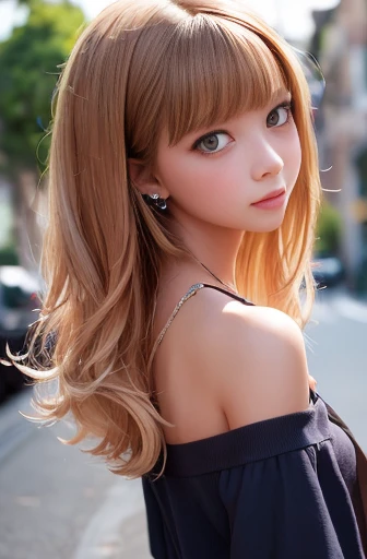 one girl, (a beauty girl, delicate girl:1.3), (12 years old, Gal:1.3),
break, (serafuku, Off the shoulder:1.3),
break, Very fine grain definition, (Symmetrical eyes:1.3),
break, (Street view:1.3), (From the back, Lean forward:1.3),
break, Small breasts, Brown eyes, Parted bangs, Brown Hair,  girl,
break, (Eyes and facial details:1.0),
break, (masterpiece, highest quality, Super detailed, Detailed face, 8k)