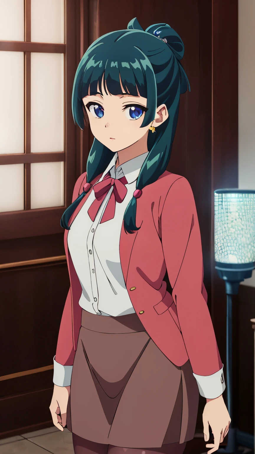 Top quality (8k, high resolution, masterpiece: 1.2), super detailed, anime art style, dynamic angle, teen style, (red blazer, white shirt, collared shirt, pleated skirt, gray skirt, pantyhose, black pantyhose, indoor), detailed green hair, detailed blue eyes, intricate hairstyle, long hair , slim body, sparkling eyes, youthful, hair accessories, earrings, half-updo, slightly dull bangs, detailed lighting, bright colors, looking at the viewer, in the center of the image, cowboy shot,