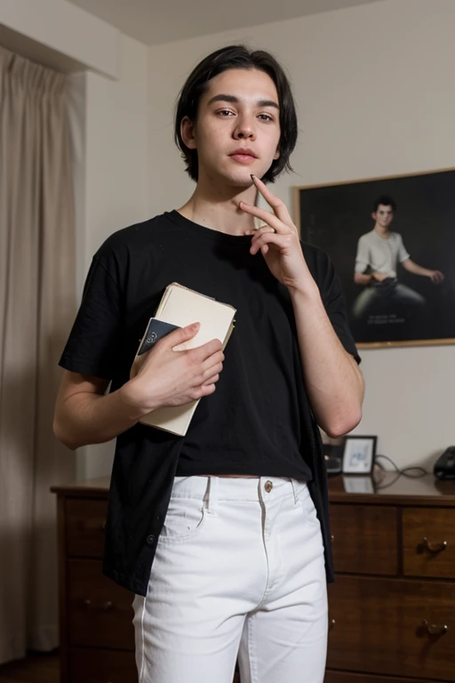 disney character,A tall, white-skinned young man with black hair and a short hairstyle, with brown eyes, holding an old big book in one hand and a pen in his other hand, wearing a black shirt and white pants.  