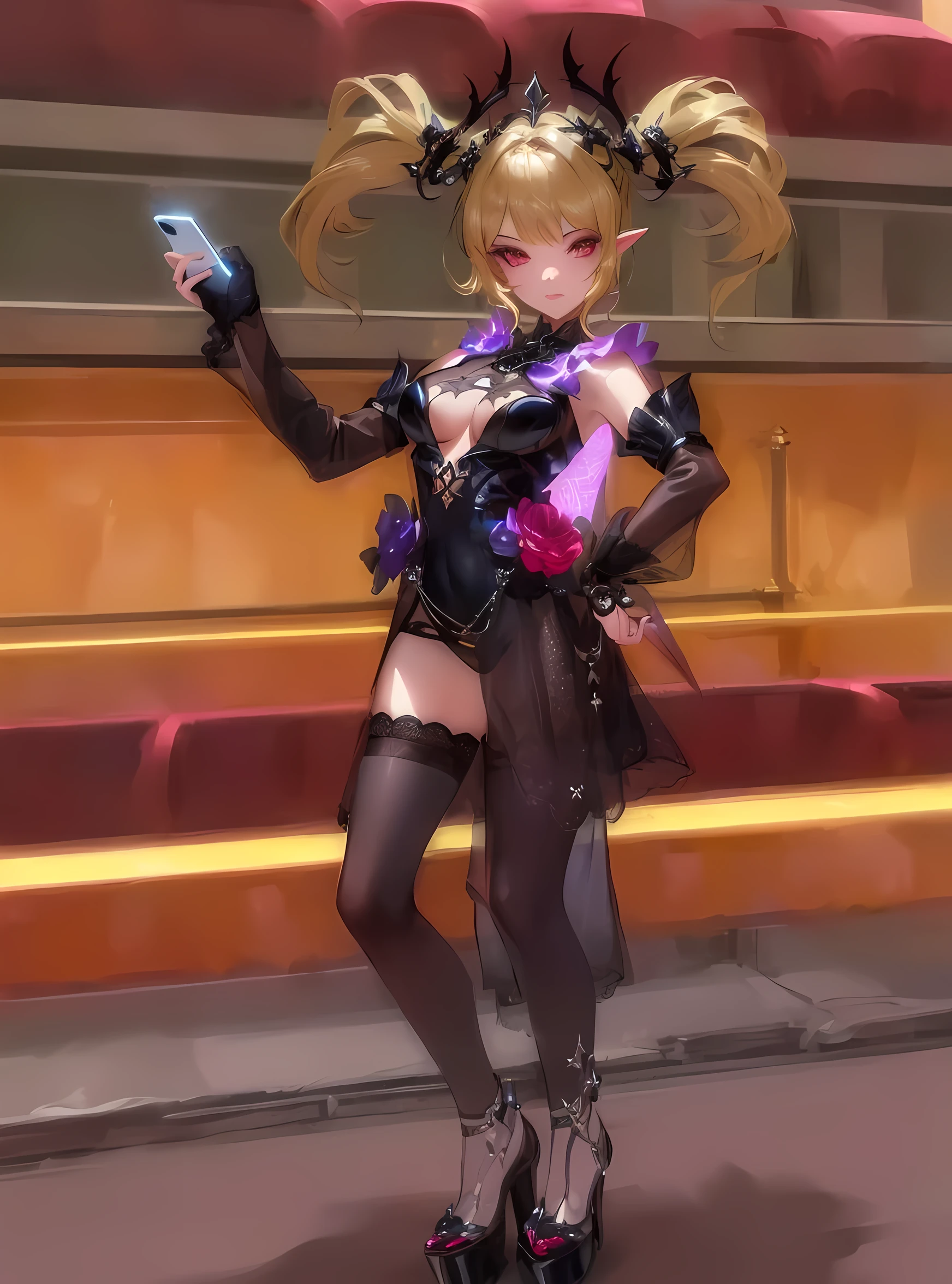 masterpiece:1.2, best quality, detailed and beautiful, very precise detailed, ultra detailed, extremely detailed body, a close up of a person in a costume holding a cell phone, holding a pudica pose, dark demonic dancer, alluring mesmer woman, spellcasting pose, pudica pose, aion, holy cyborg necromancer girl, succubus in tight short dress, infernal nymph!!!, tranding on pxiv