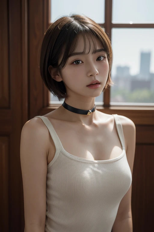 best quality, ultra high res, (photorealistic:1.4), 1girl, off-shoulder white shirt, black tight skirt, black choker, (faded ash gray hair:1), medium breasts, looking at viewer, closeup