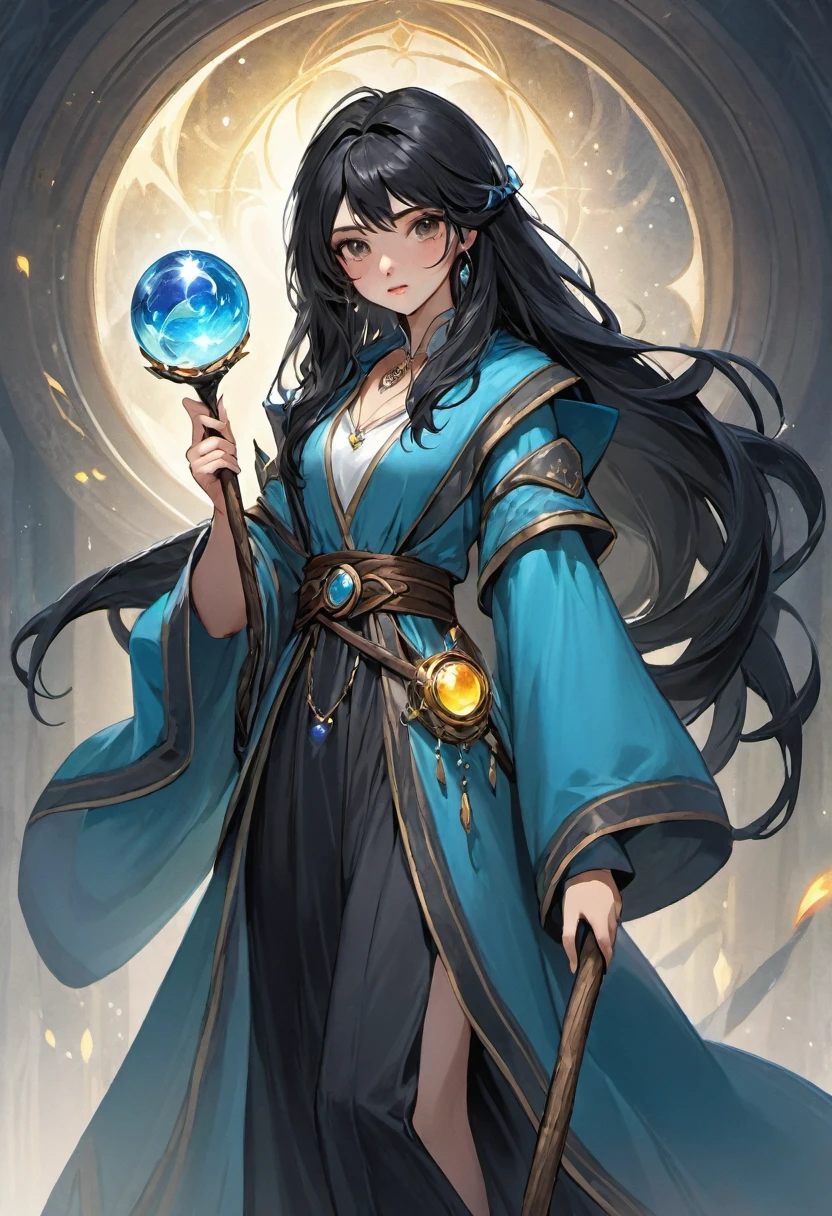 Fantasy sorceress, human girl with Italian features, 22 years old, long black hair, wears men's fancy travel clothes, holds a stick with a orb fixed on the end.