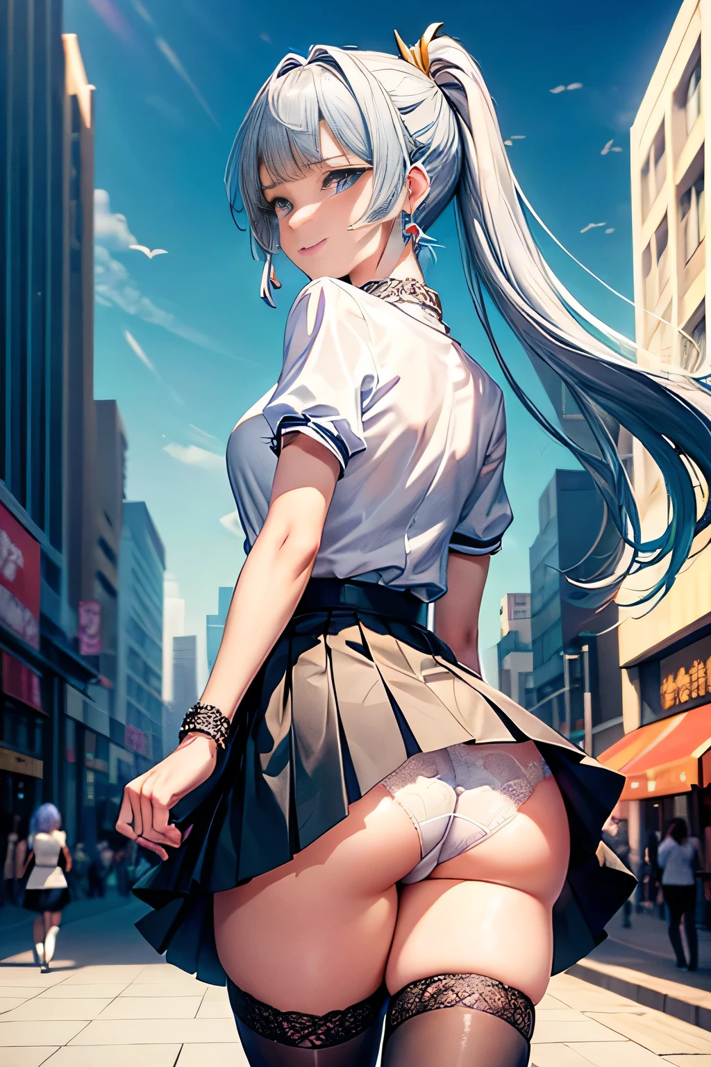 ((butts and back focus,looking back)),
 (Vulgar,nsfw),(skirt lift,very windy),(beautiful elegant white panties),very low angle,from below),((masterpiece, highest resolution,best quality)), (beautiful illustration), ((Kamisato Ayaka in Genshin Impact)), ((semi long beautiful silver blue hair,blunt bangs,pony tail,beautiful blue eyes)),(solo),(beautiful elegant office blouse and black skirt,skirt lifted by the wind),(looking at the viewer), (walking around the shopping mall),
(innocent smile, Embarrassed),(white over-kneehighs,Lace chalker, wristband, fingerless gloves, over-kneehighs,
Lace chalker, diamond necklace,wristband, fingerless gloves, earrings), (cinematic lighting, very windy),shopping mall,big city,busy street,day,blue sky,flowers and trees,crowded,(from the ground),(beautiful elegant Underwear patterns),