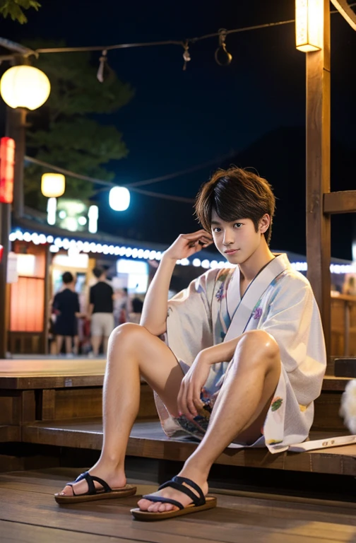 Beautiful boy、Cute Boys、20-year-old、japanese boy、Sitting with legs crossed、Spread your legs、Summer festival、yukata、night、geta