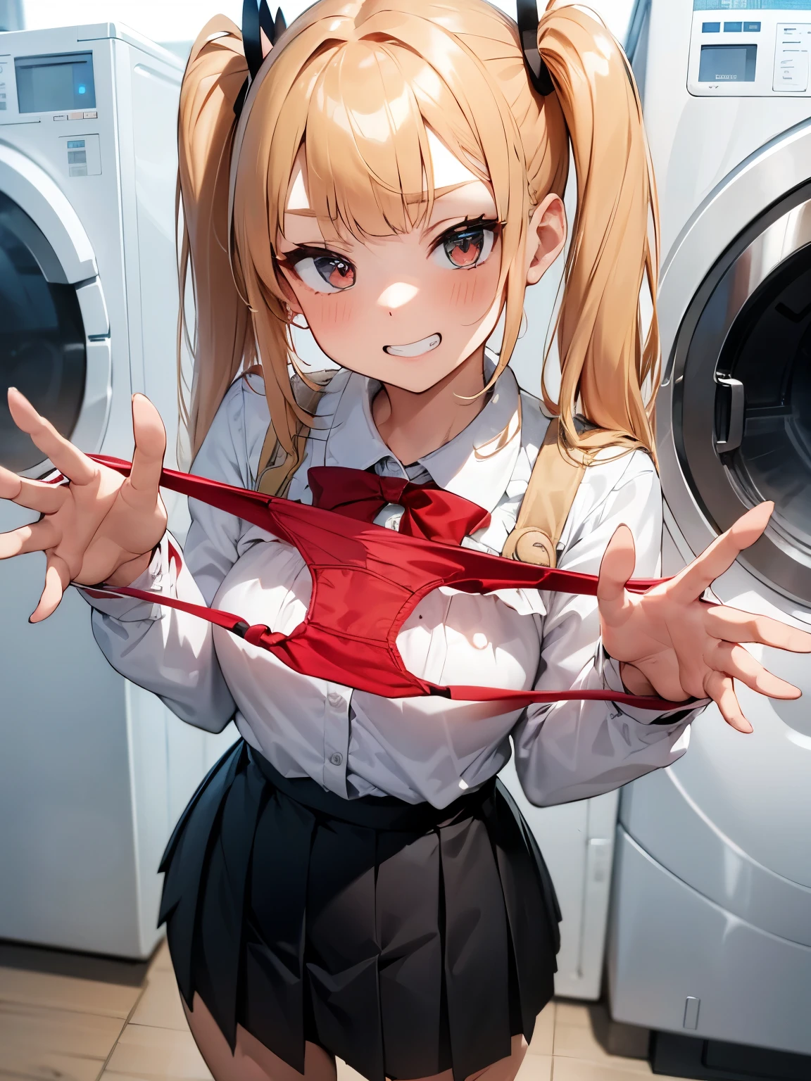 1girl,
Laundry room,laundry machine, laundry bascket, a few underwears are in a laundry bascket,
blonde hair, {{{half twin tail:1.3}}}、BREAK,red blush, Bow, Red bow, Long sleeves, Shirt, Collared shirt, Skirt, Pleated skirt, Black skirt, tiny chest,
{{{face Close up}}},Upper body,,Focus on panties,Fine underwear,
Looking down,Look at the viewer,
Presenting Panties,
masutepiece, Best Quality, , absurderes, Perfect Skin, Detailed skin texture, ultra-detailliert, 8K, Intricate details, beautifull detailed face,hight resolution,
 {{{shaded face}}}, mock, {{{clenched teeth:1.2}}}, grin, smile, looking down at viewer, masterpiece,absurderes, beautiful detailed face
From the front,