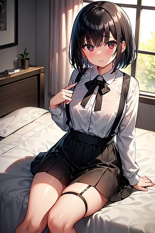 highest quality、Masterpiece、Shiny black hair、Bobcut、Looking at the audience、beautiful黒い瞳、suspenders、Slightly enlarged chest、Sheer Slightly 0.8、Shy 、Blushing、Shy、White dress shirt、Black ribbon on chest、Black mini skirt garter belt Black knee-high socks、beautiful、Biologically correct5Finger、Biologically correct足の曲げ方、sight、one person 、Detailed Background、Bedroom、Warm sunlight through the window、Sitting on the edge of a white bed、Biologically correct足の長さ、