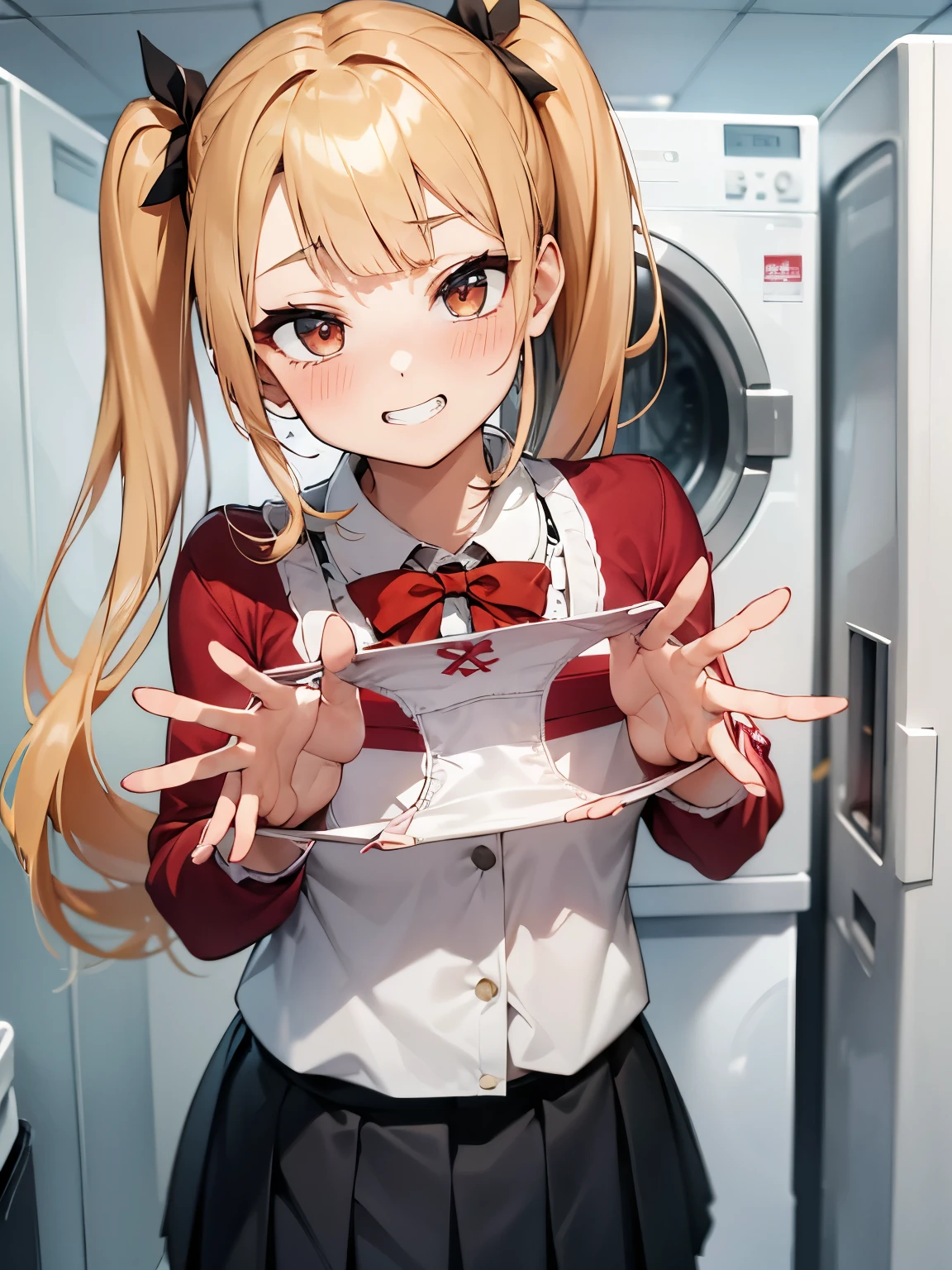 1girl,
Laundry room,laundry machine, laundry bascket, a few underwears are in a laundry bascket,
blonde hair, {{{half twin tail:1.3}}}、BREAK,red blush, Bow, Red bow, Long sleeves, Shirt, Collared shirt, Skirt, Pleated skirt, Black skirt, tiny chest,
{{{face Close up}}},Upper body,,Focus on panties,Fine underwear,
Looking down,Look at the viewer,
Presenting Panties,
masutepiece, Best Quality, , absurderes, Perfect Skin, Detailed skin texture, ultra-detailliert, 8K, Intricate details, beautifull detailed face,hight resolution,
 {{{shaded face}}}, mock, {{{clenched teeth:1.2}}}, grin, smile, looking down at viewer, masterpiece,absurderes, beautiful detailed face
From the front,