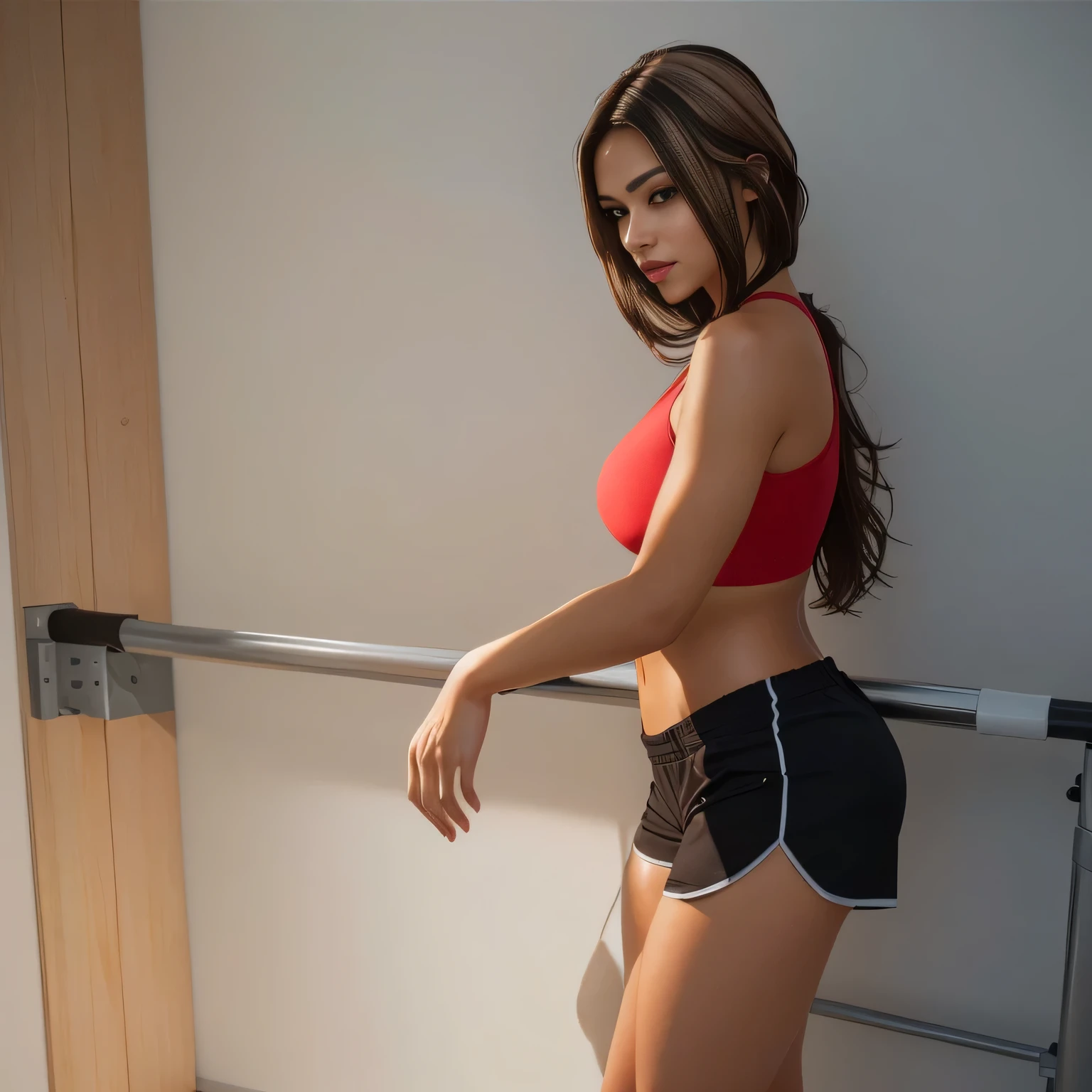 A beautiful light brunette woman, dark brown hair, (ultra quality masterpiece) with toned body, 35 years old, 1.62 tall, 60 kg, poses gracefully for the camera, treadmill, best quality, Unity detailed wallpapers 32K CG, clean skin, medium length breasts, perfect face makeup, perfect mouth, perfect hands, (straight black hair with (((stylish brown highlights)))), is standing, (full body) wearing red top, hair dark brown, short shorts for gym training, in black, tanned body, sexy pose, shapely legs 3.6, well defined, high contrast, Ultra HD, photo taken from a high-tech camera, high-tech camera quality, high contrast, photography of clean and shiny skin, lots of sweat on the body and face, 16K. She wears a tight red blouse that accentuates her slim waist and defined muscles, revealing well-sculpted arms and shoulders. Her naturally radiant skin glows in the HDR light and her piercing dark brown eyes glow with inner warmth and vitality. The vivid, hyper-detailed textures of her hair and clothing add depth and texture to the image, making it a captivating, ultra-realistic masterpiece.